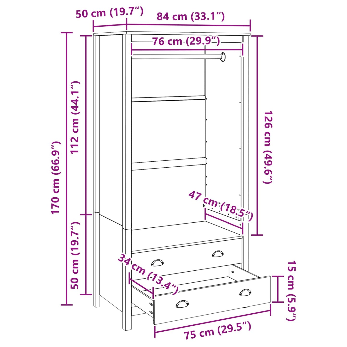 vidaXL Ντουλάπι με ράφι Μέλι Καφέ 84 x 50 x 170 εκ Στερεό ξύλο πεύκου