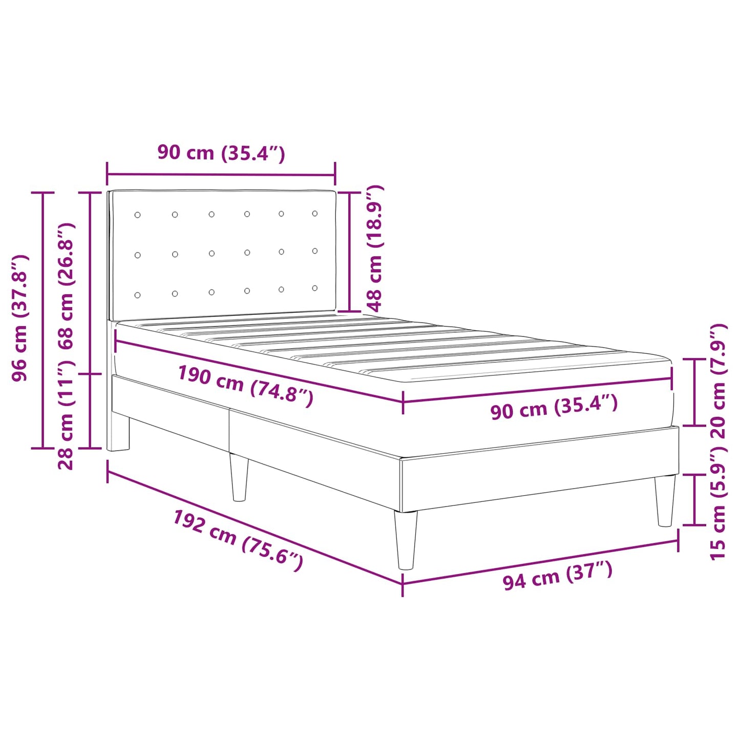 vidaXL Σκελετός κρεβατιού με στρώμα Μαύρο 90 x 190 cm ύφασμα