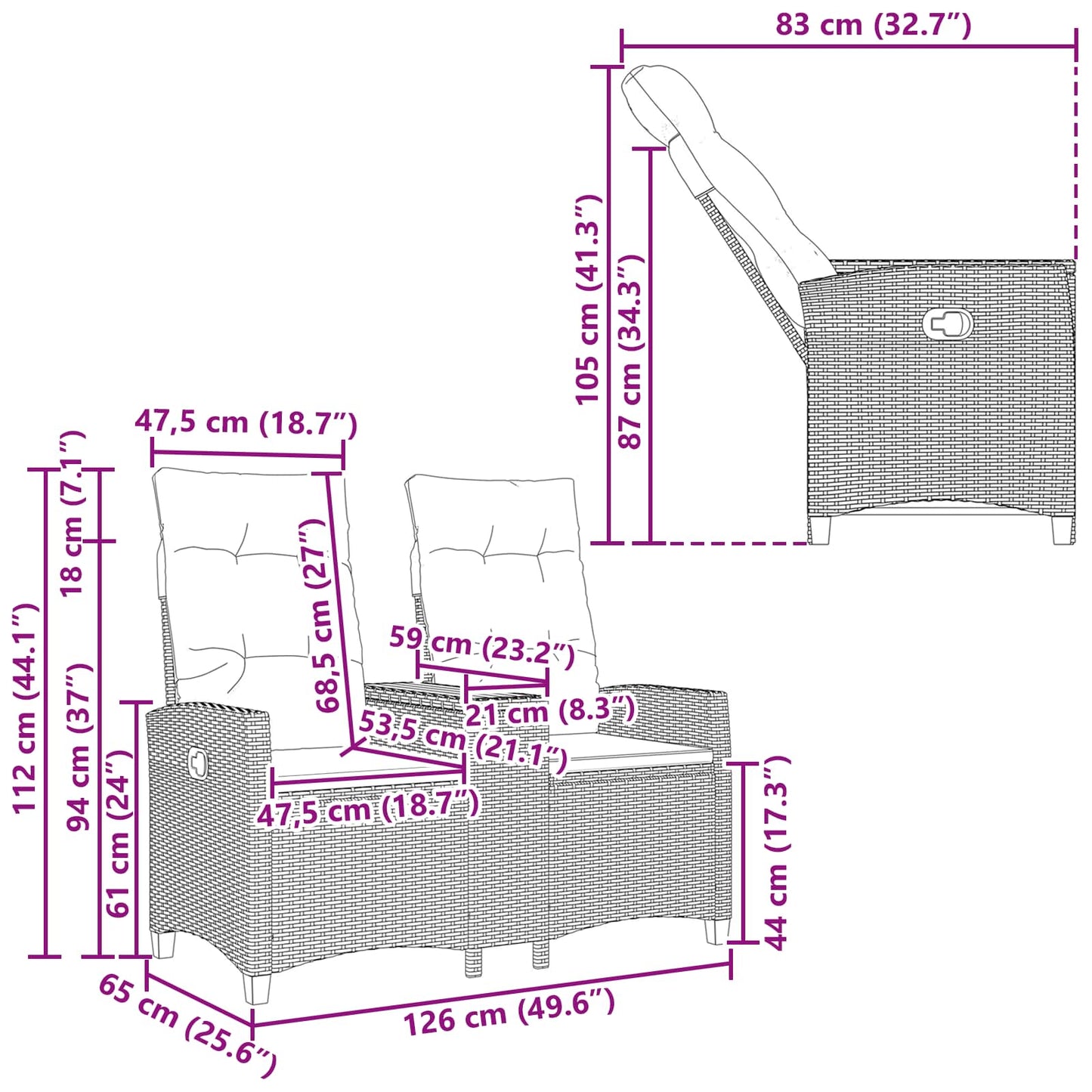 vidaXL Ρυθμιζόμενος Πάγκος με Τραπέζι 2 -Seater 126 x 65 x 112 εκ.
