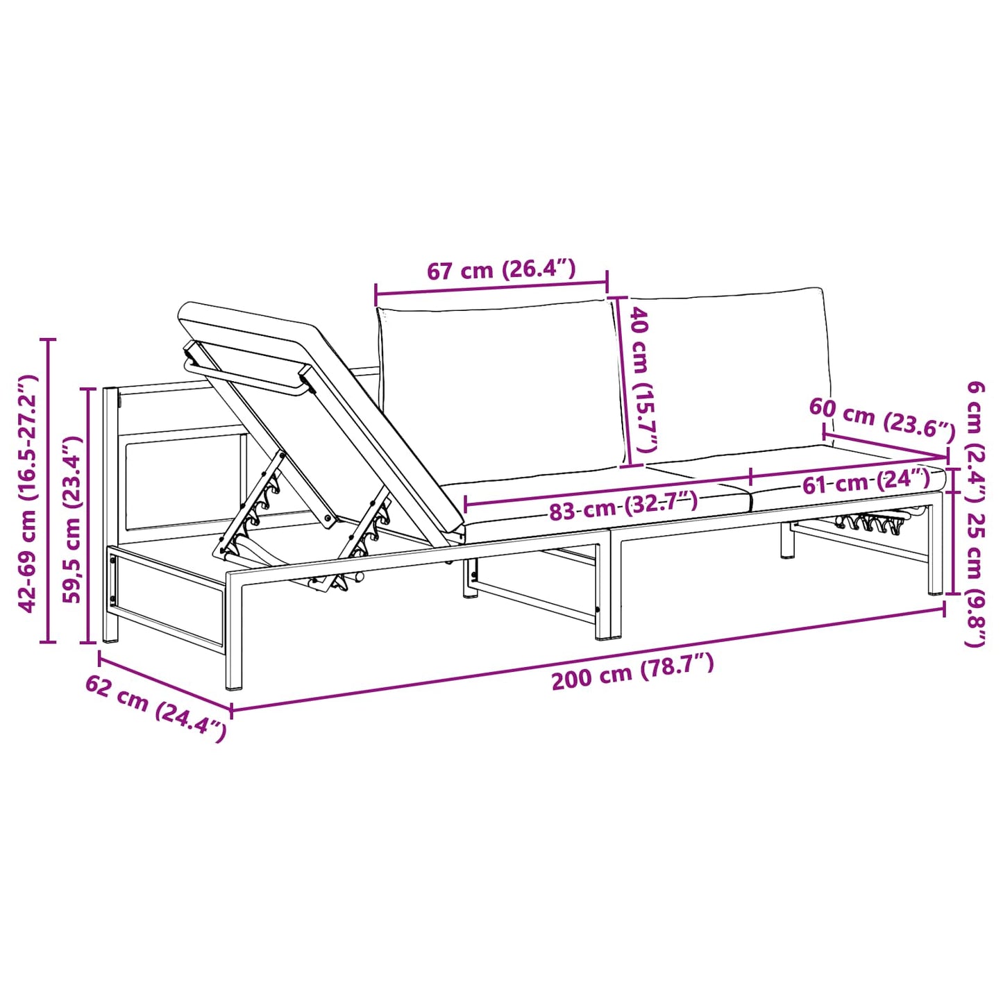 vidaXL Ξαπλώστρα 3 Ατόμων Μαύρο 200 x 62 x 59,5 εκ Textilene