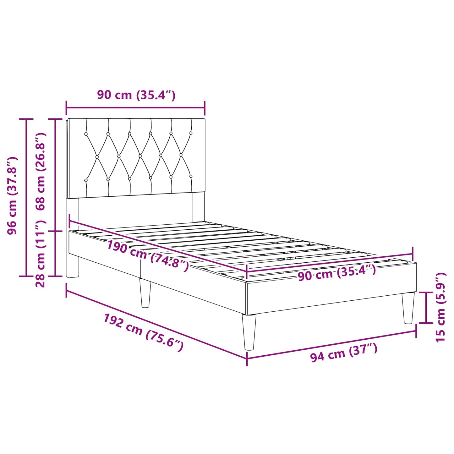 vidaXL Σκελετός Κρεβατιού με κεφαλάρι Μαύρο 90 x 190 cm Βελούδο