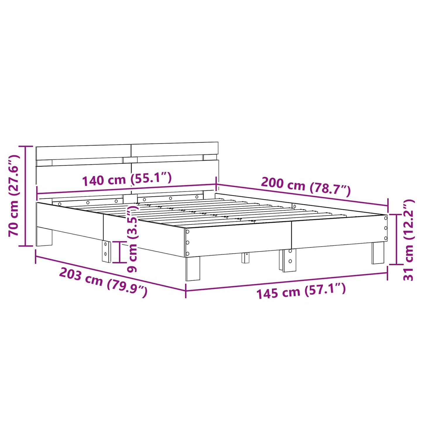 vidaXL Σκελετός Κρεβατιού Artisan Oak 140 x 200 cm Επεξεργασμένο ξύλο