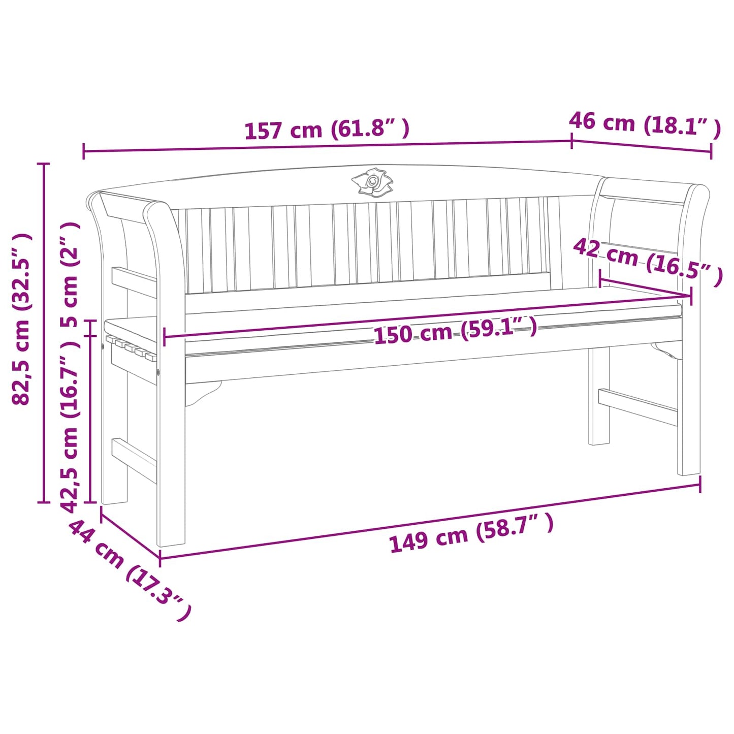 vidaXL παγκάκι με μαξιλάρι Φυσικό λάδι φινιρίσματος 157 x 46 x 82,5 εκ
