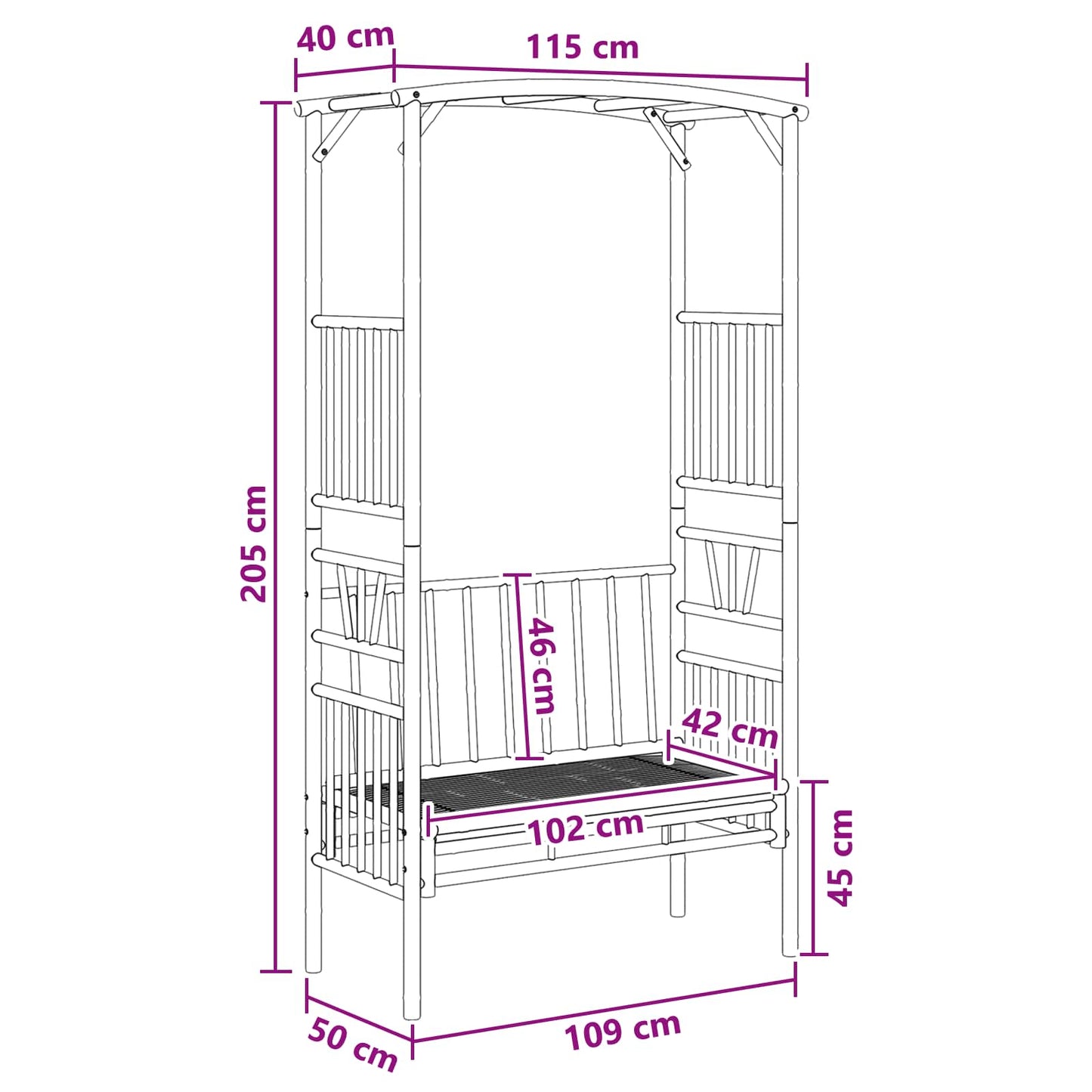 vidaXL Κήπος Καμάρα με Παγκάκι Φυσικό 115 x 50 x 205 εκ. Μπαμπού