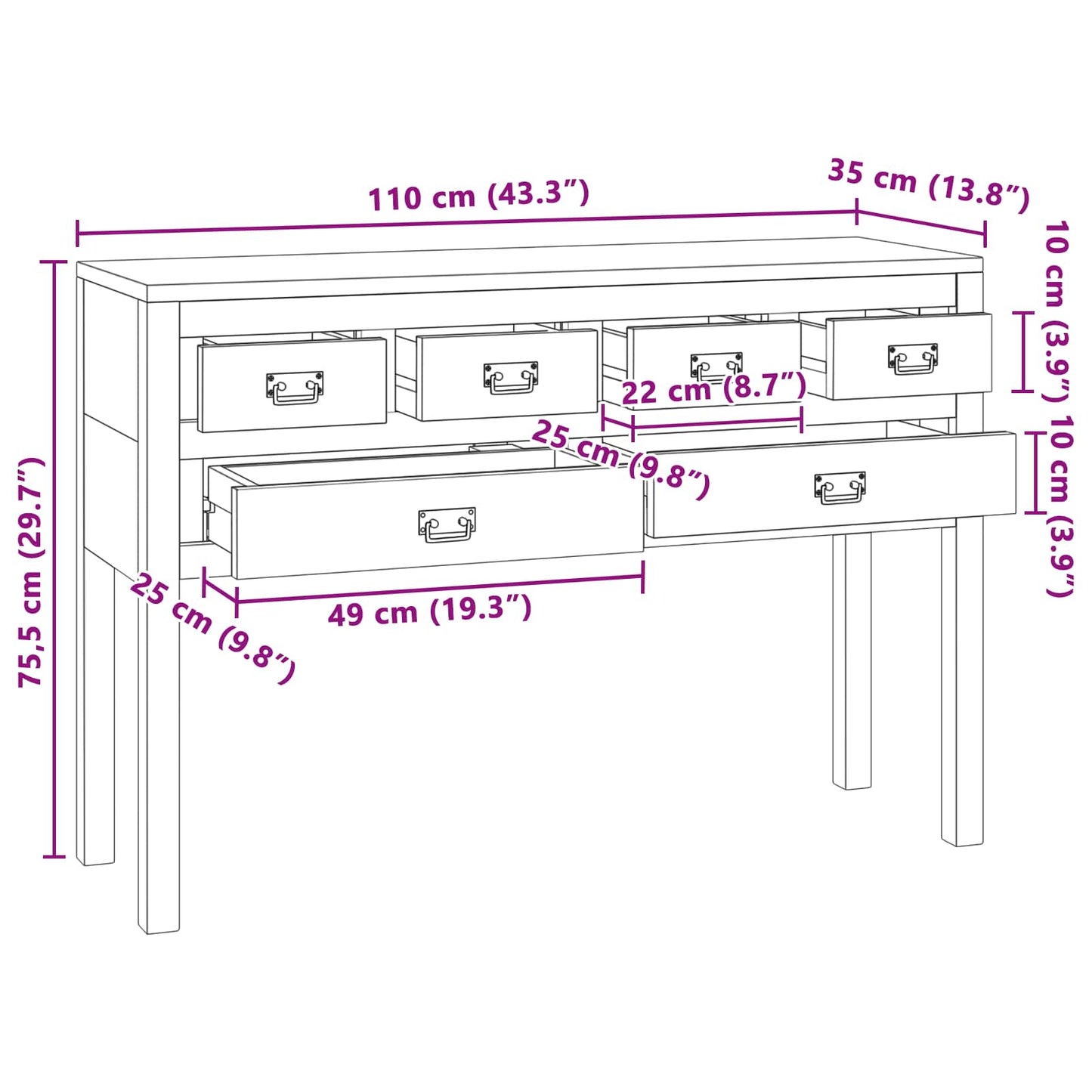 vidaXL Πλαϊνό γραφείο Φυσικό 110 x 35 x 75,5 εκ Στερεό Ξύλο Τίκ