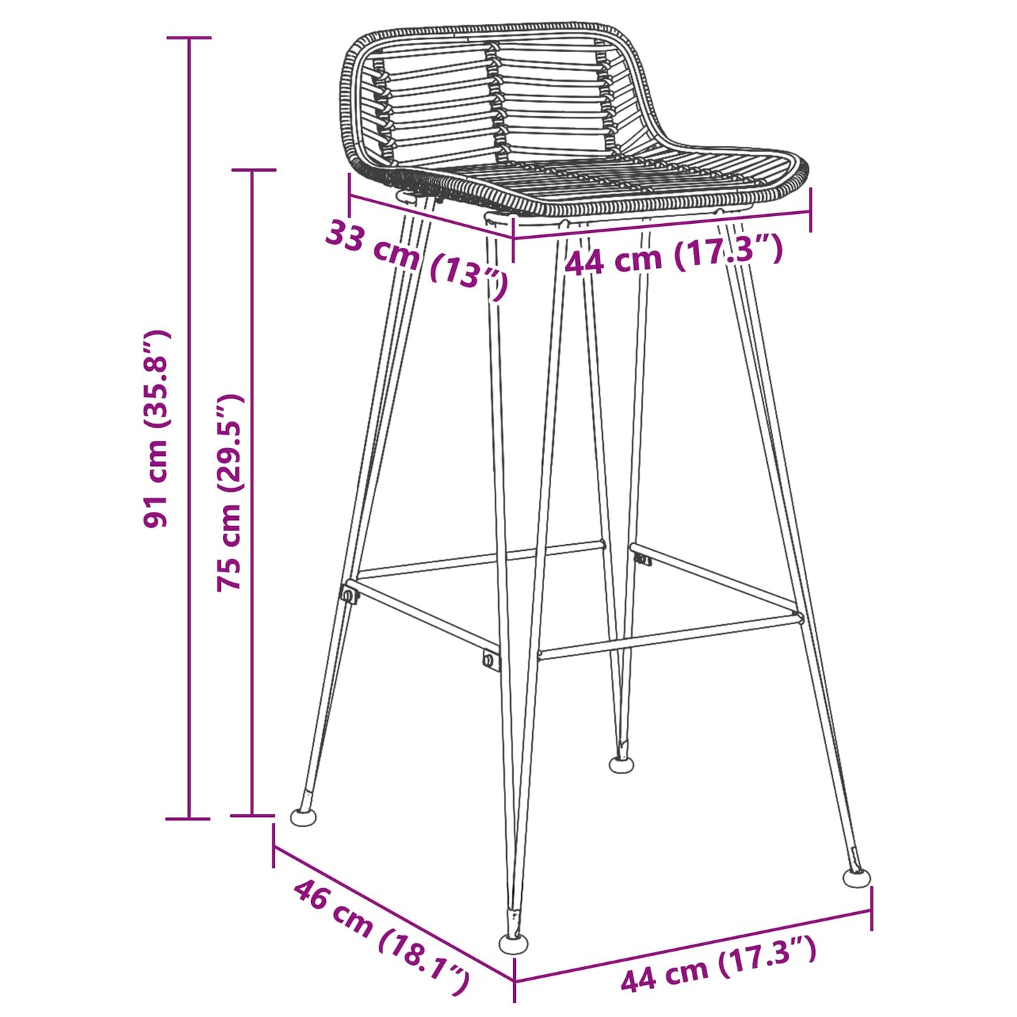 vidaXL Μπαρ σκαμπό 2 pcs Μαύρο 44 x 46 x 91 εκ. Ράτταν και Χάλυβας