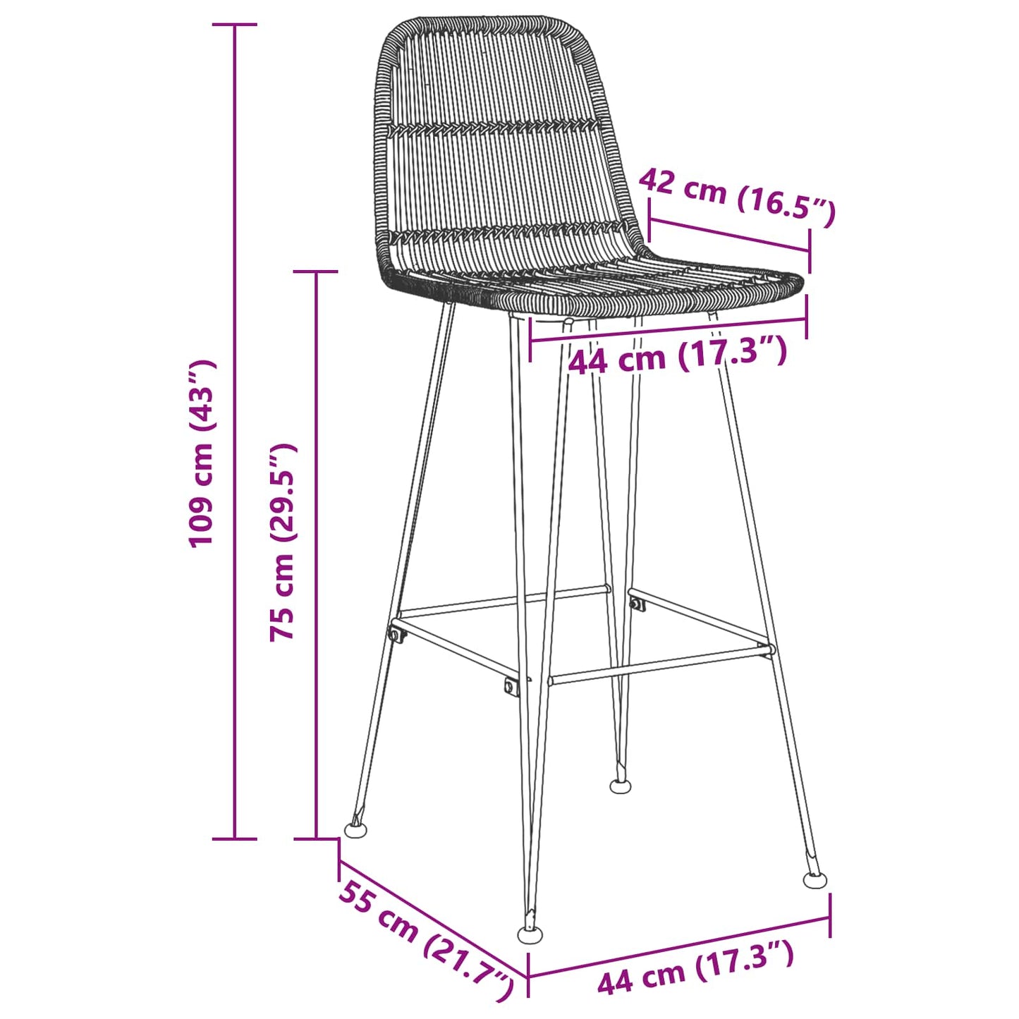 vidaXL Μπαρ σκαμπό 2 pcs Μαύρο 44 x 55 x 109 εκ. Ράτταν και Χάλυβας