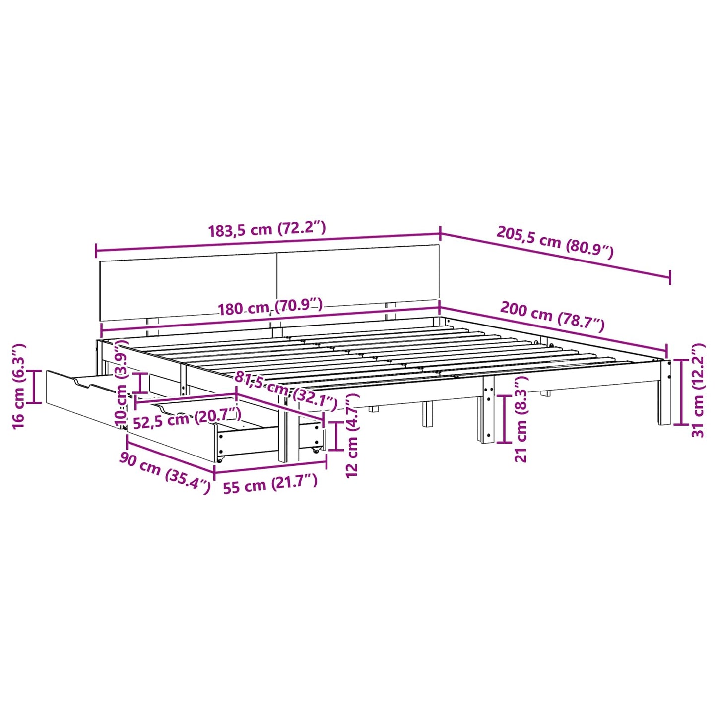 vidaXL Σκελετός Κρεβατιού Κερωτό καφέ 180 x 200 cm Στερεό ξύλο πεύκου