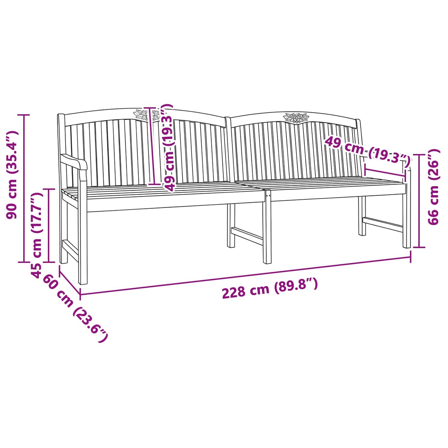 vidaXL Χειροποίητη Ροζ Παγκάκι Φυσικό 228 x 60 x 90 εκ Στερεό Ξύλο Τίκ