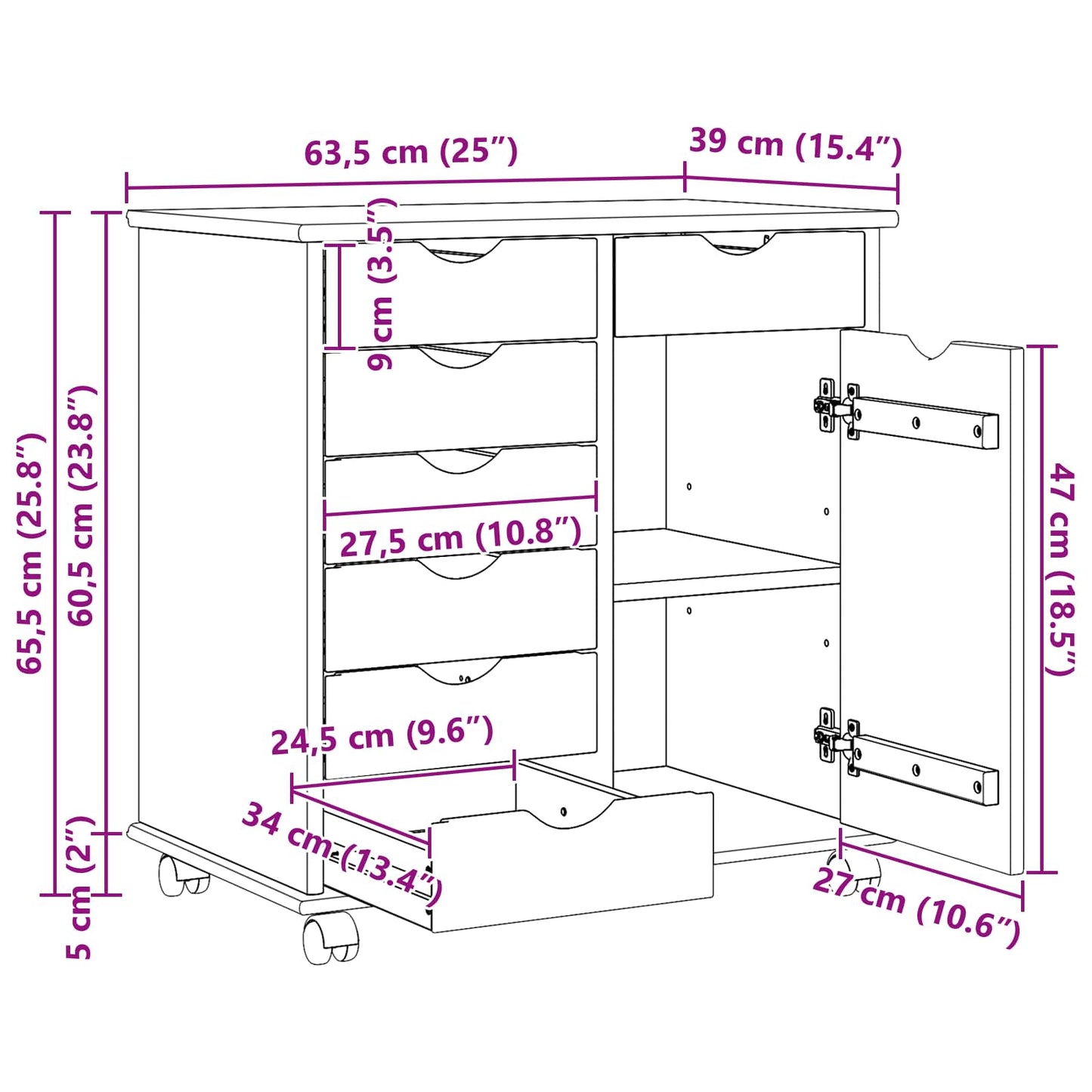 vidaXL Κινητό Ντουλάπι 63,5 x 39 x 65,5 εκ Στερεό ξύλο πεύκου Καφέ
