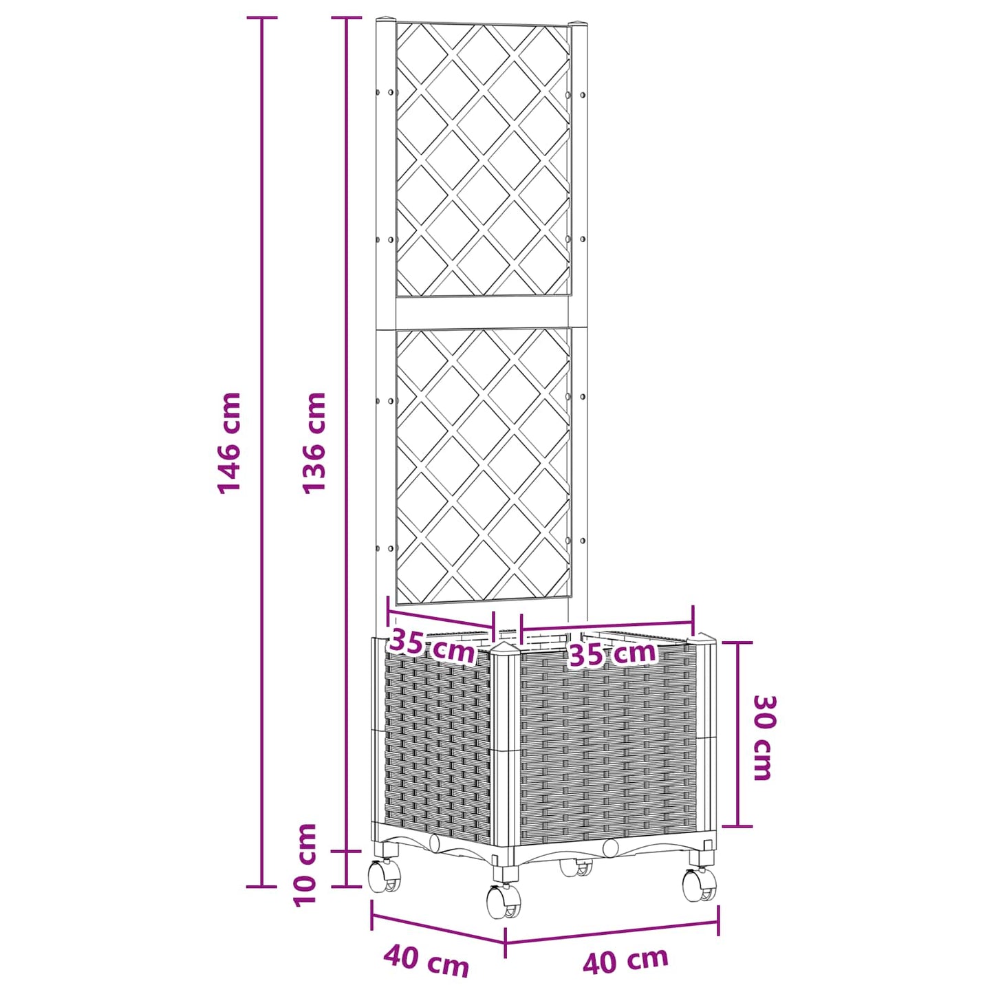 vidaXL Γλάστρα κήπου με πέργκολα & τροχούς Λευκό 40 x 40 x 146 εκ PP