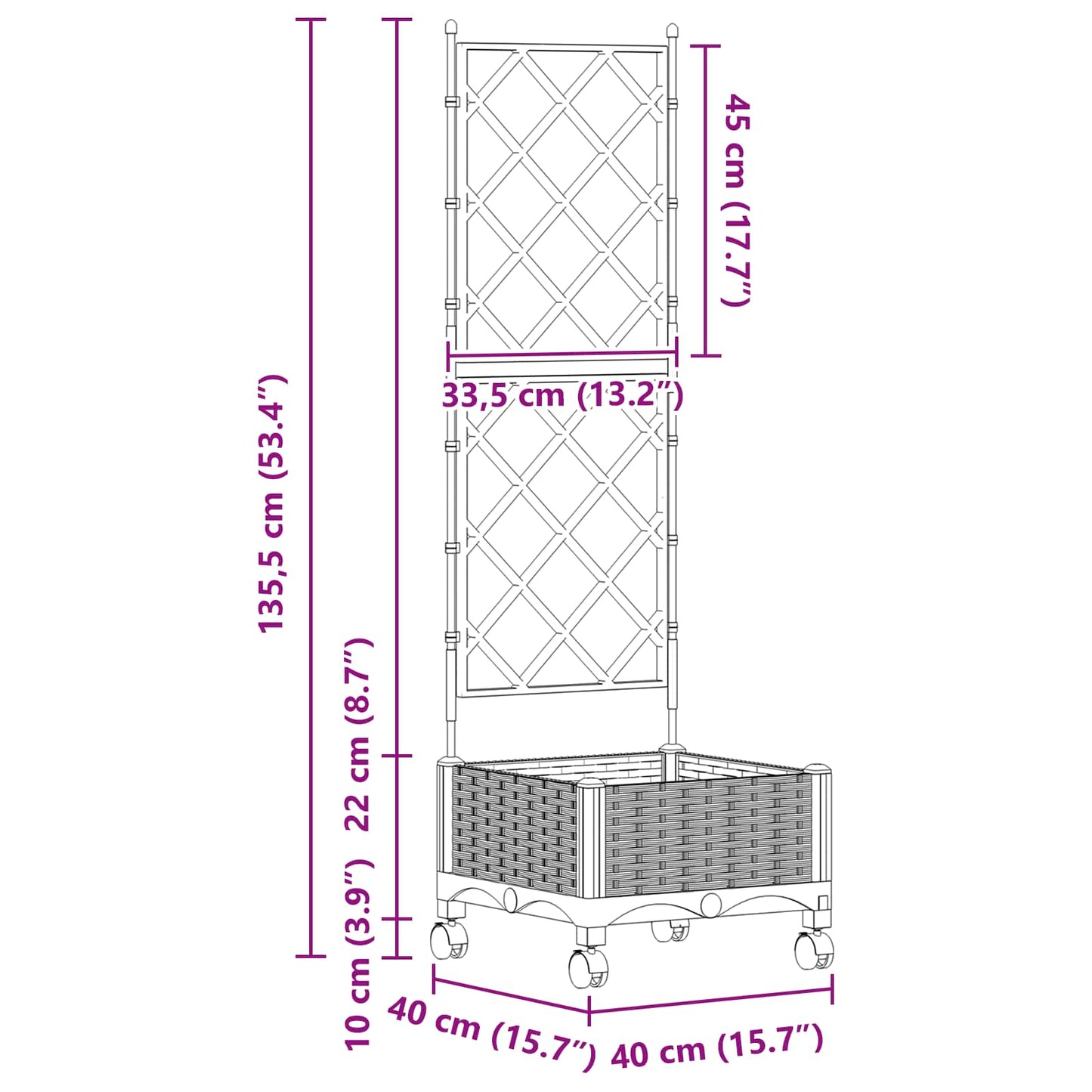 vidaXL Γλάστρα κήπου με πέργκολα & τροχούς Μαύρο 40 x 40 x 131,5 εκ.