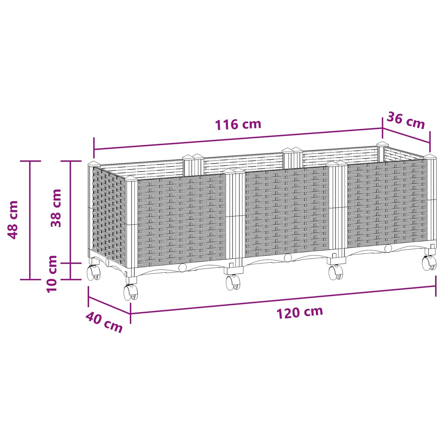 vidaXL Κήπος Γλαστράκι με Ροδάκια Λευκό 120 x 40 x 48 cm PP