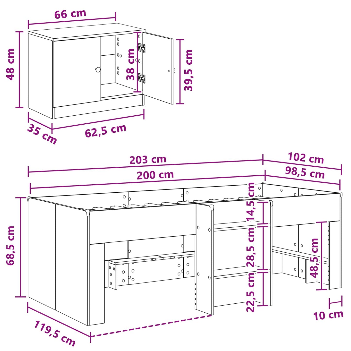 vidaXL Σκελετός κρεβατιού loft με ντουλάπι 3 τμχ. Γκρι Σκυροδέματος