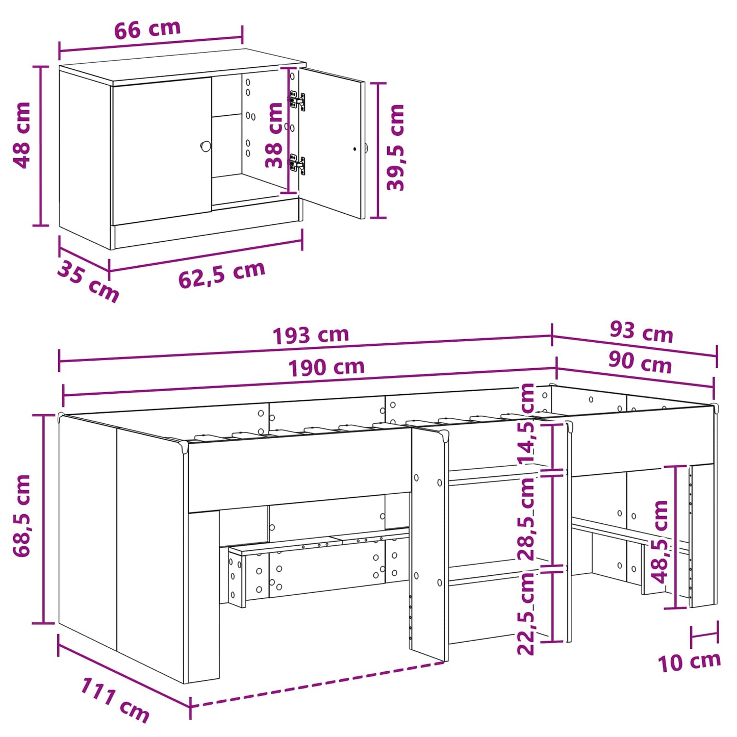 vidaXL Κρεβάτι σοφίτας με ντουλάπι 3 pcs Μαύρο Επεξεργασμένο ξύλο