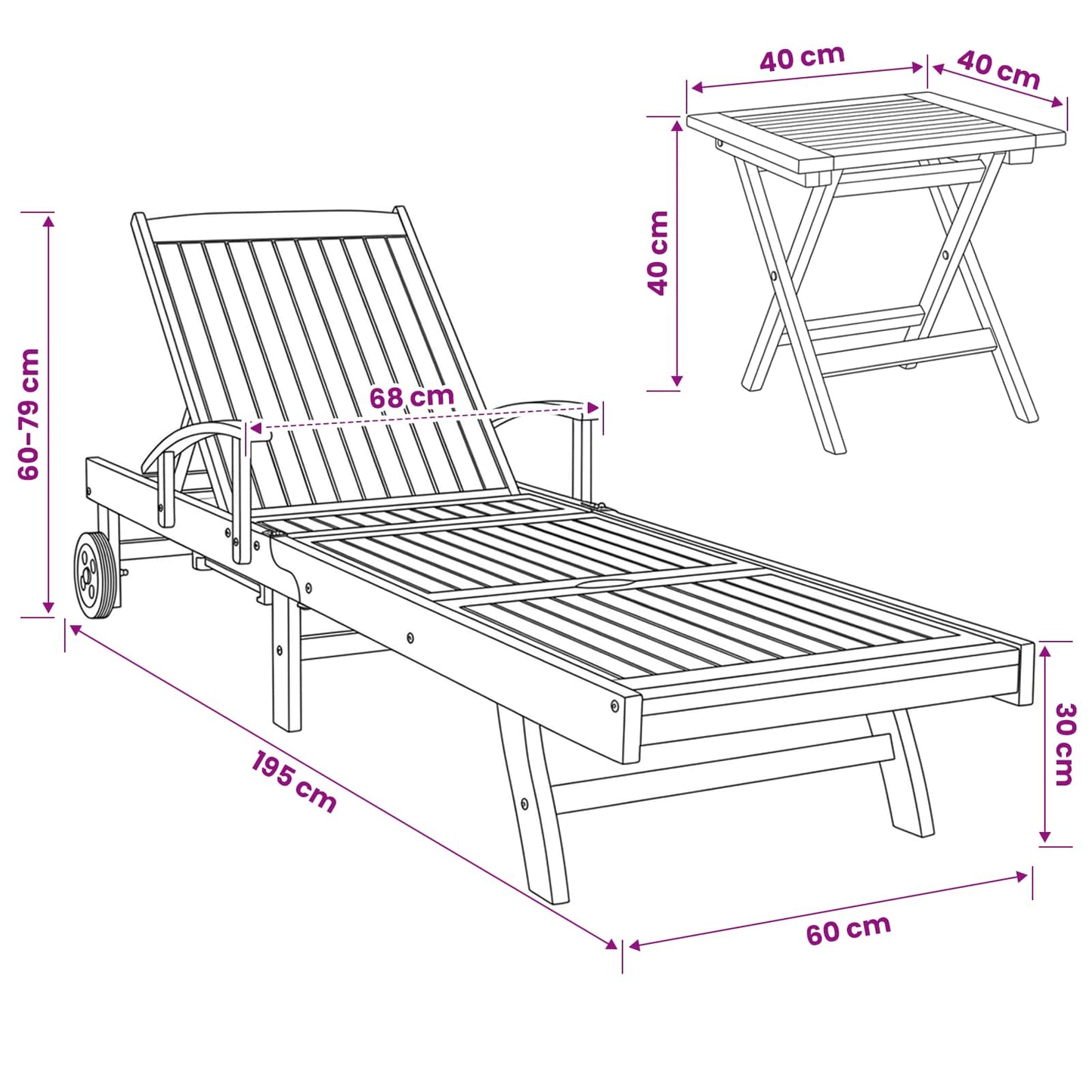 vidaXL Ξαπλώστρα με Τραπέζι 2 pcs Καφέ 40 x 40 x 40 cm Στερεό Ξύλο Τίκ