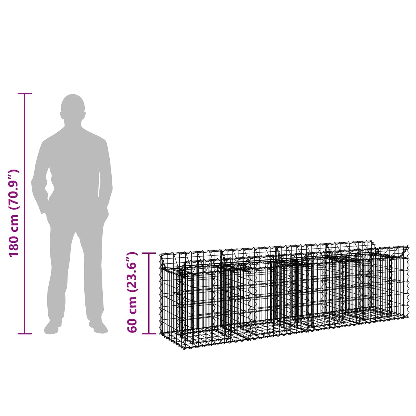 vidaXL Ανασηκωμένο κρεβάτι gabion Ασημί 200 x 50 x 60 cm