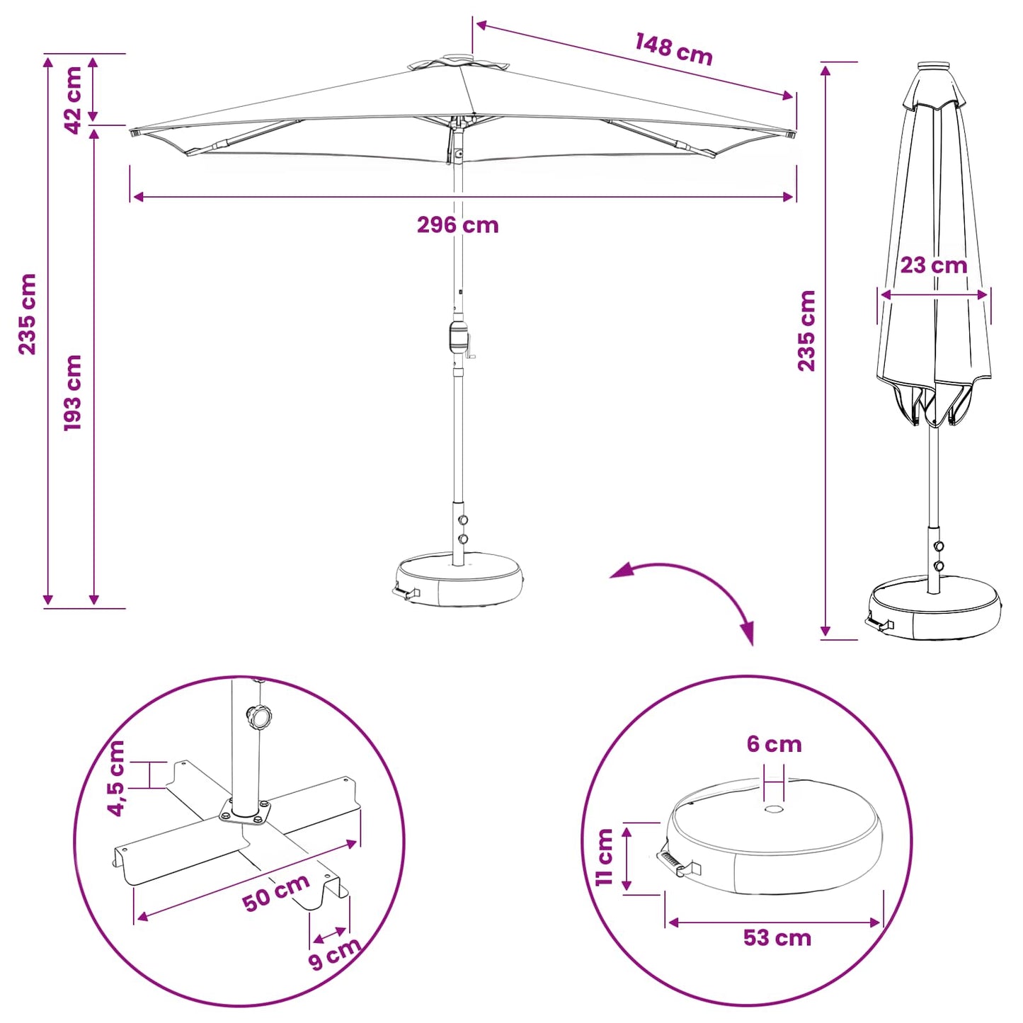 vidaXL Ομπρέλα Κήπου με LED Φώτα και Βάση 300 x 300 cm Πολυεστέρας