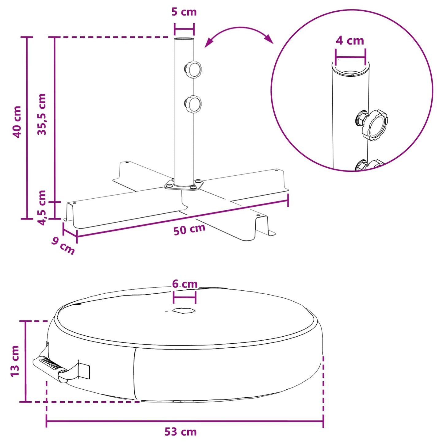 vidaXL Βάση ομπρέλας βεράντας 53 x 53 x 40 cm Ατσάλι Μαύρο