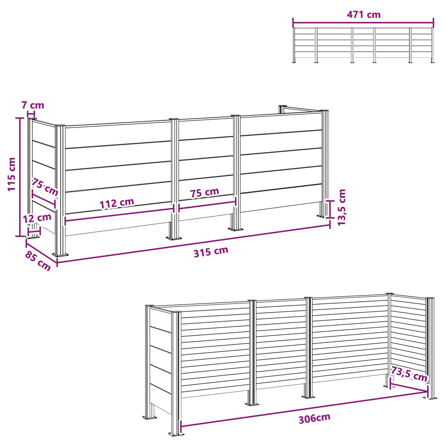 vidaXL Φράχτης Σκουπιδιών Γκρι 315 x 85 x 115 εκ Αλουμίνιο και WPC