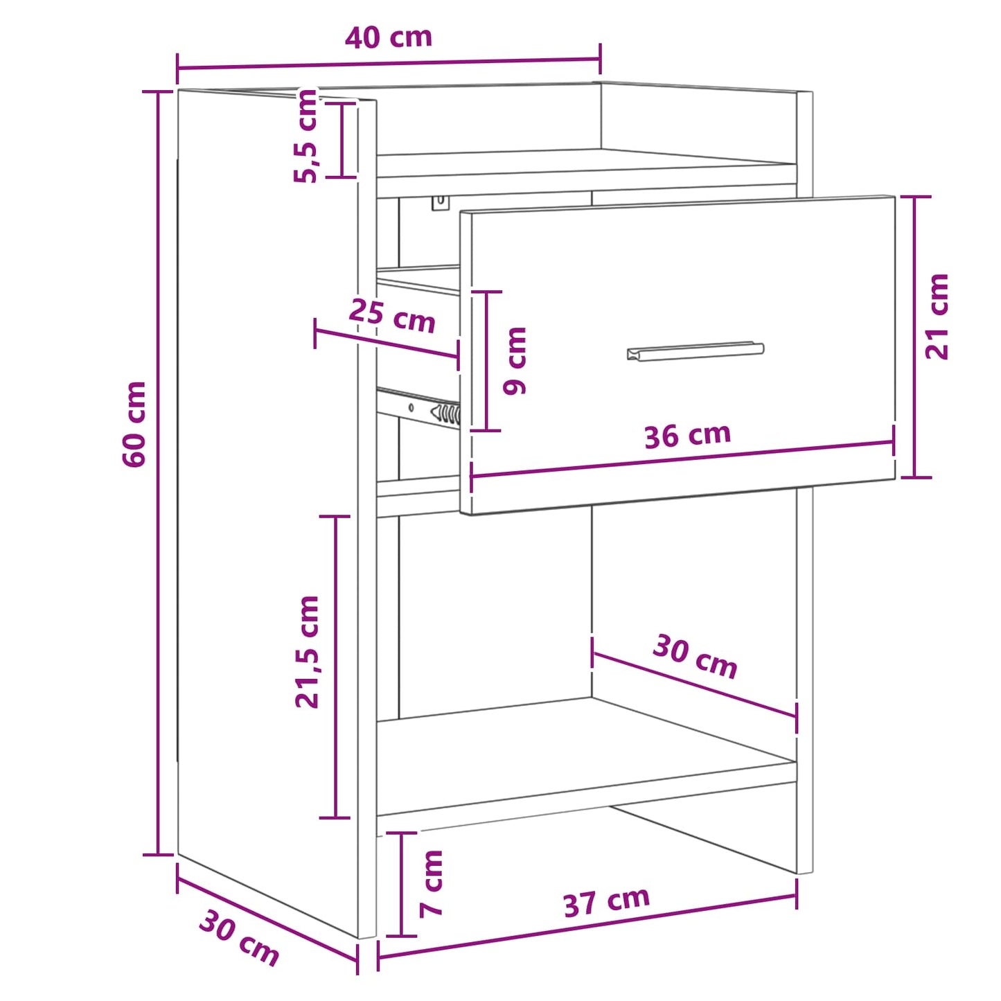 vidaXL Κομοδίνα Μαύρη Δρυς 40 x 36 x 60 εκ Επεξεργασμένο Ξύλο