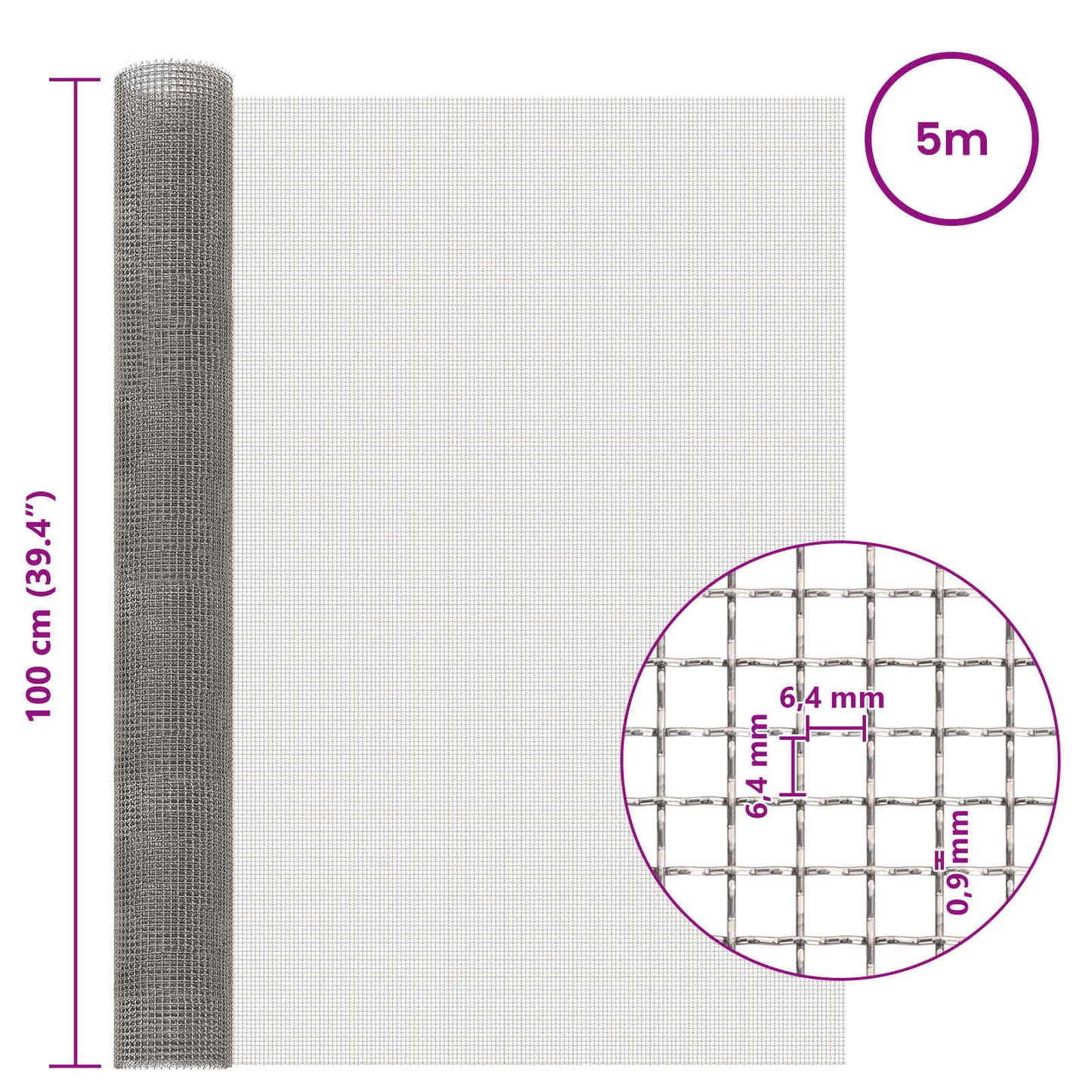 vidaXL Πλέγμα Οθόνης 100 x 500 cm 3 Mesh Ανοξείδωτο Ατσάλι 201 Ασημί