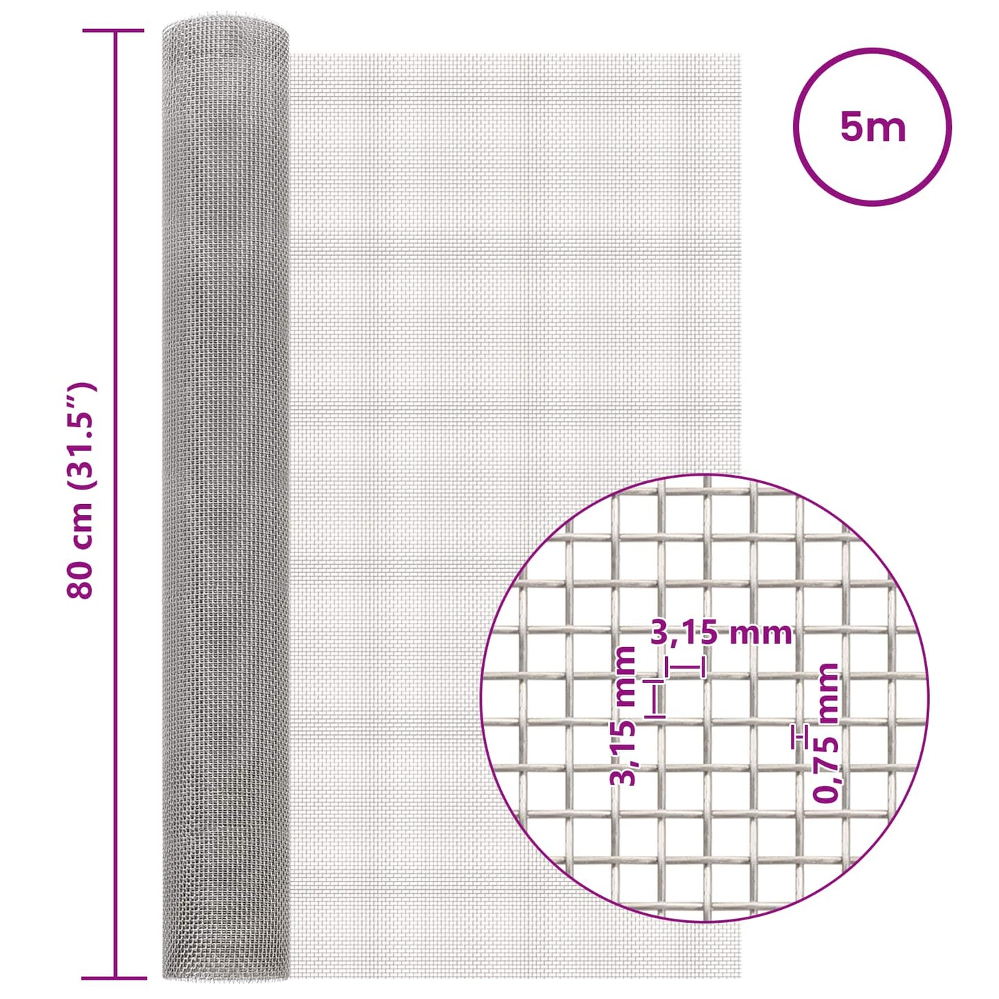 vidaXL Πλέγμα Οθόνης 80 x 500 cm 6 Mesh Ανοξείδωτο Ατσάλι 201 Ασημί