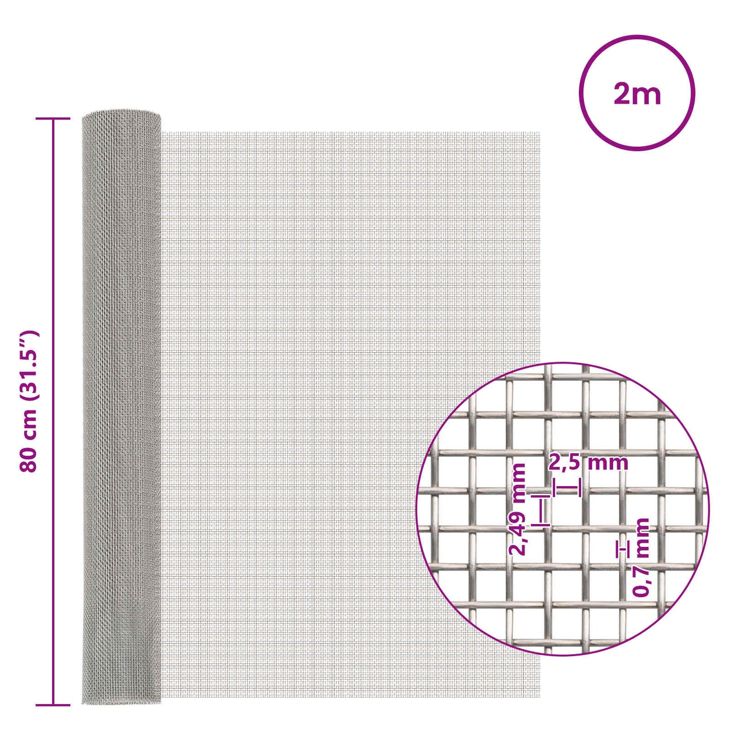 vidaXL Πλέγμα Οθόνης 80 x 200 cm 8 Mesh Ανοξείδωτο Ατσάλι 201 Ασημί