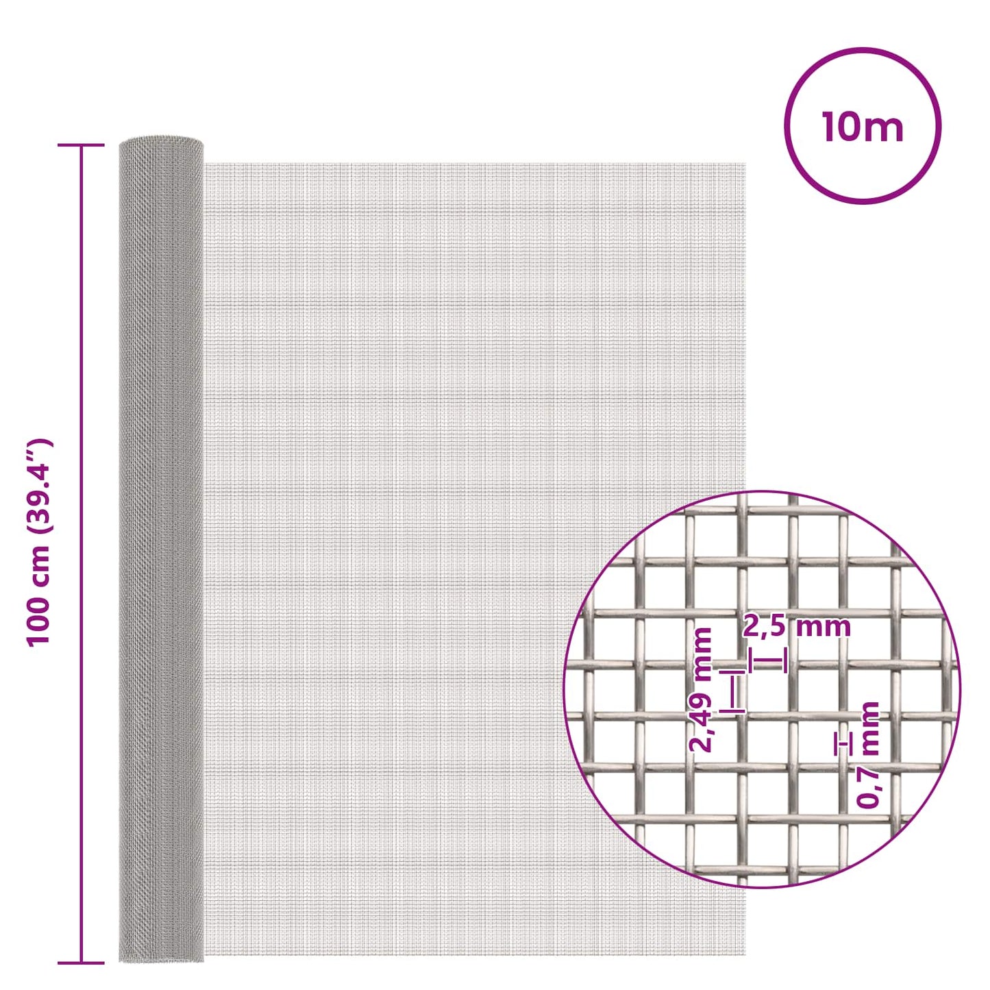 vidaXL Πλέγμα Οθόνης 100 x 1000 cm 8 Mesh Ανοξείδωτο Ατσάλι 201 Ασημί