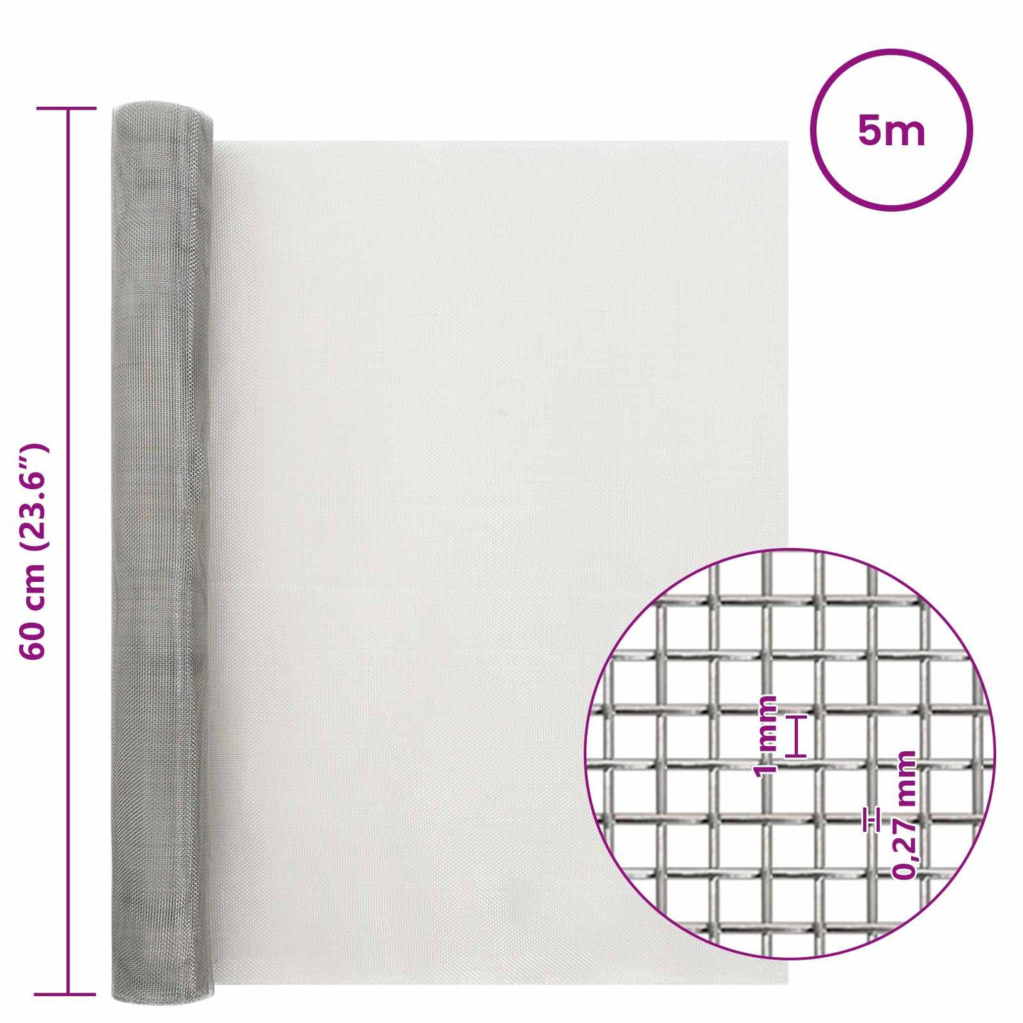 vidaXL Πλέγμα Οθόνης 60 x 500 cm 20 Mesh Ανοξείδωτο Ατσάλι 201 Ασημί