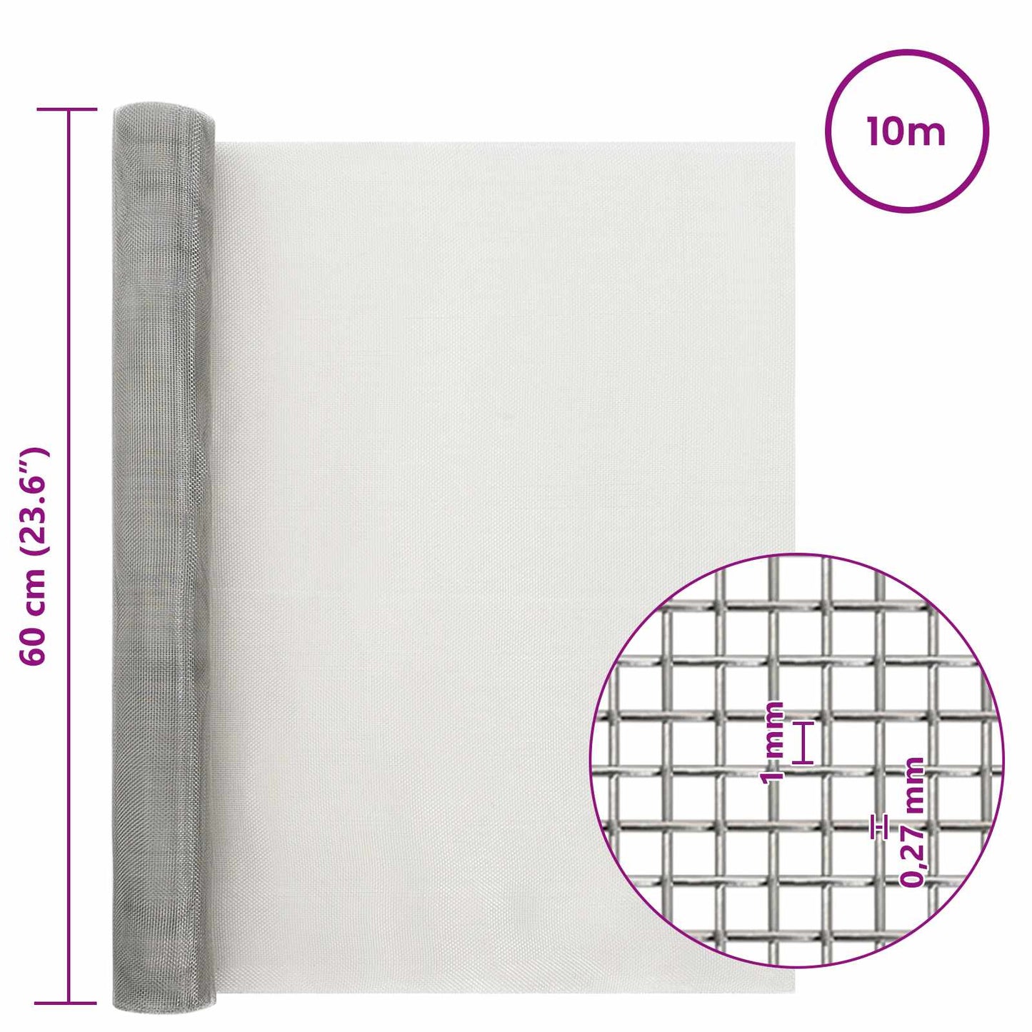 vidaXL Πλέγμα Οθόνης 60 x 1000 cm 20 Mesh Ανοξείδωτο Ατσάλι 201 Ασημί