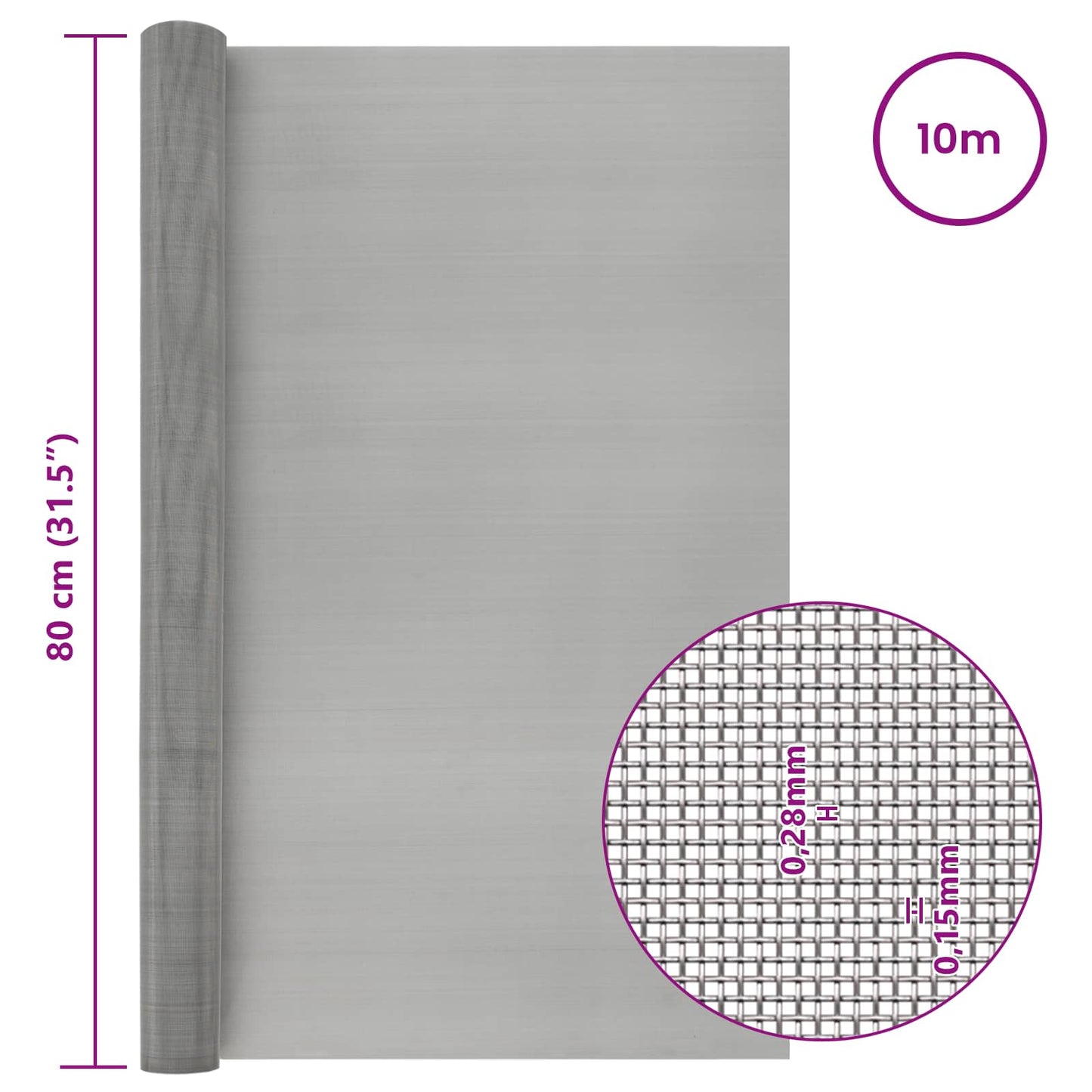 vidaXL Πλέγμα Οθόνης 80 x 1000 cm 60 Mesh Ανοξείδωτο Ατσάλι 201 Ασημί