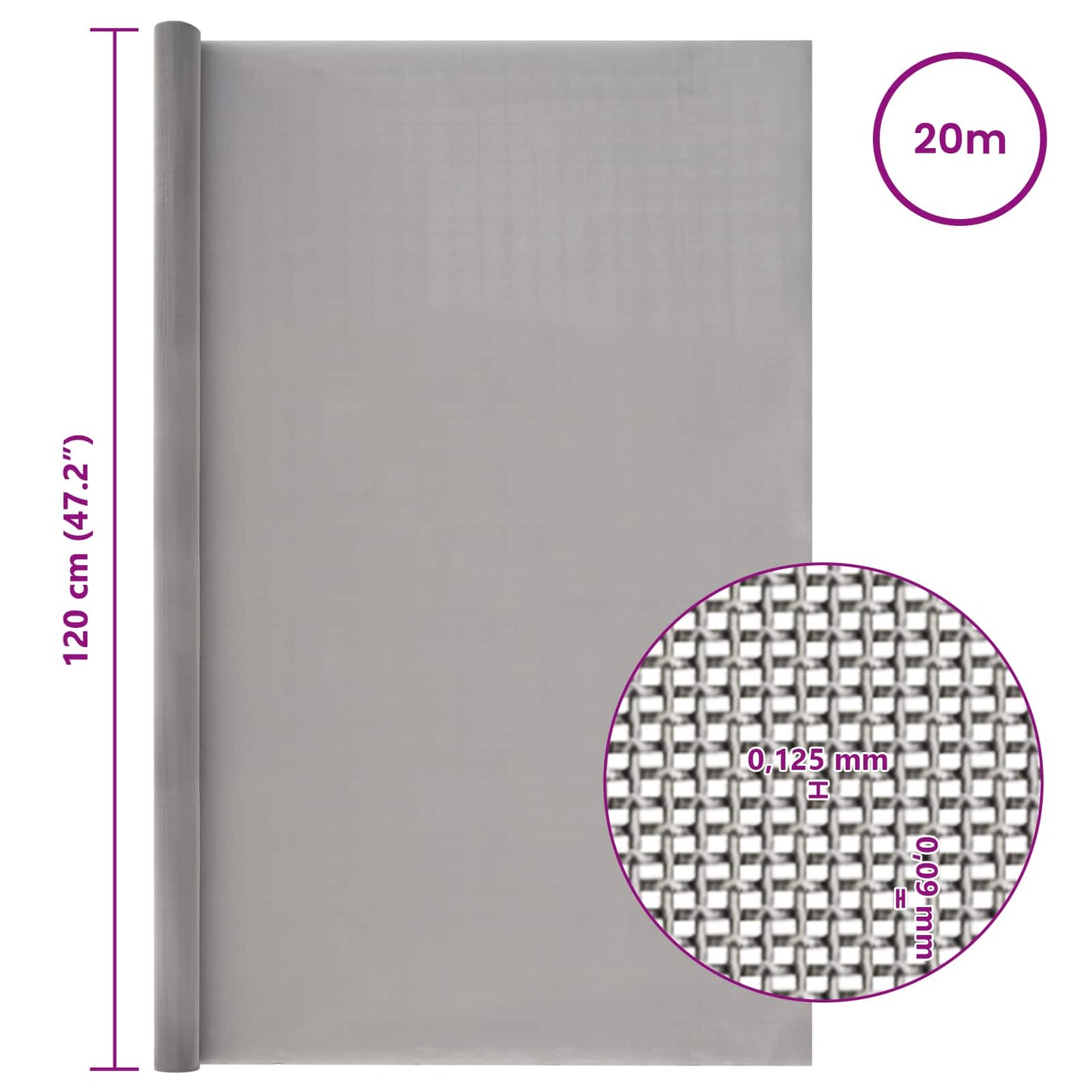 vidaXL Πλέγμα Οθόνης 120 x 2000 εκ 120 Mesh Ανοξείδωτο Ατσάλι 201