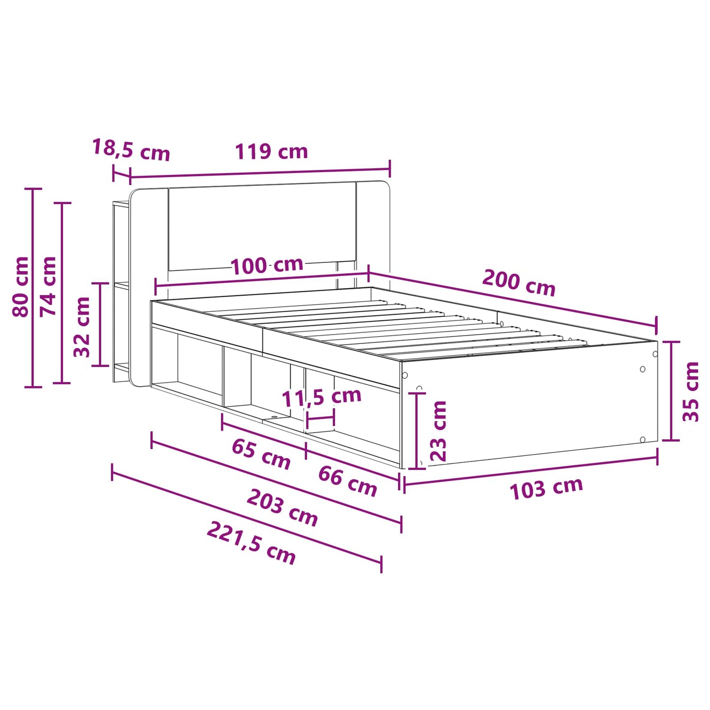 vidaXL Σκελετός κρεβατιού με αποθήκευση Γκρι Sonoma 100 x 200 cm