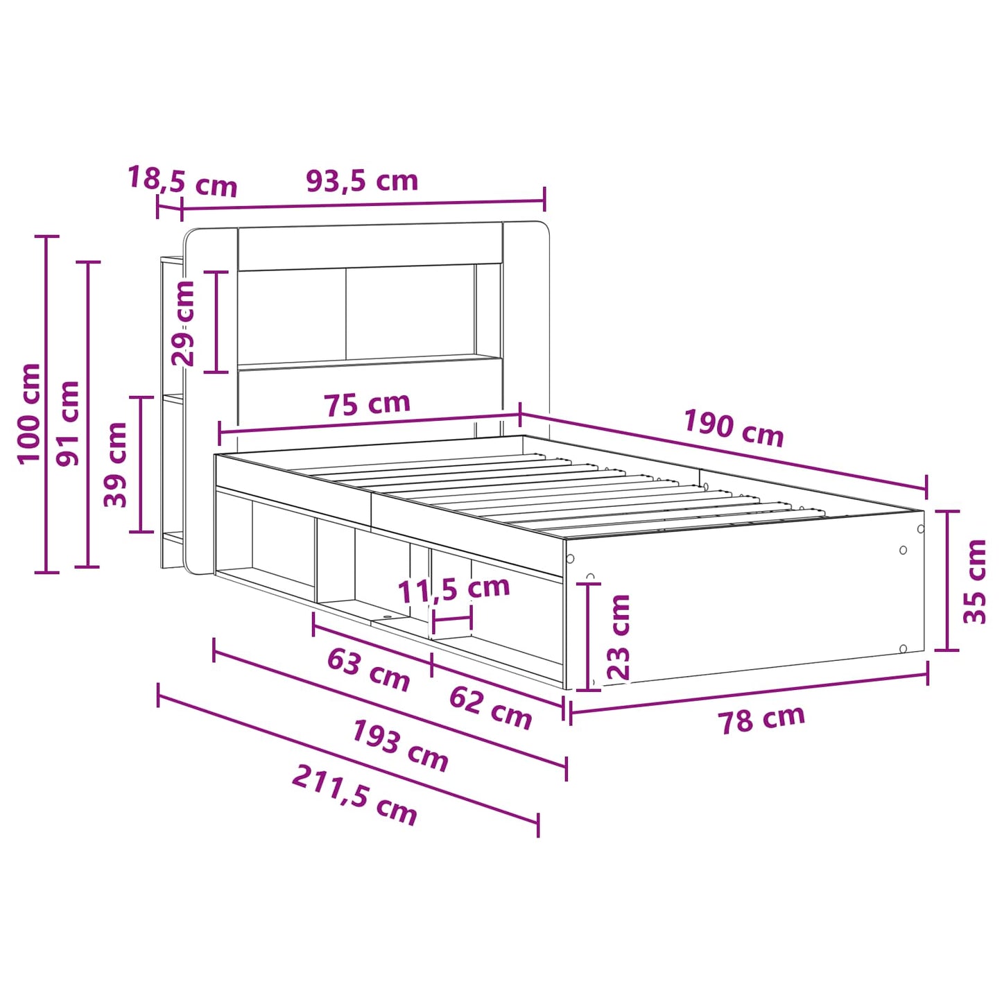 vidaXL Σκελετός κρεβατιού με αποθήκευση Sonoma Δρυς 75 x 190 cm