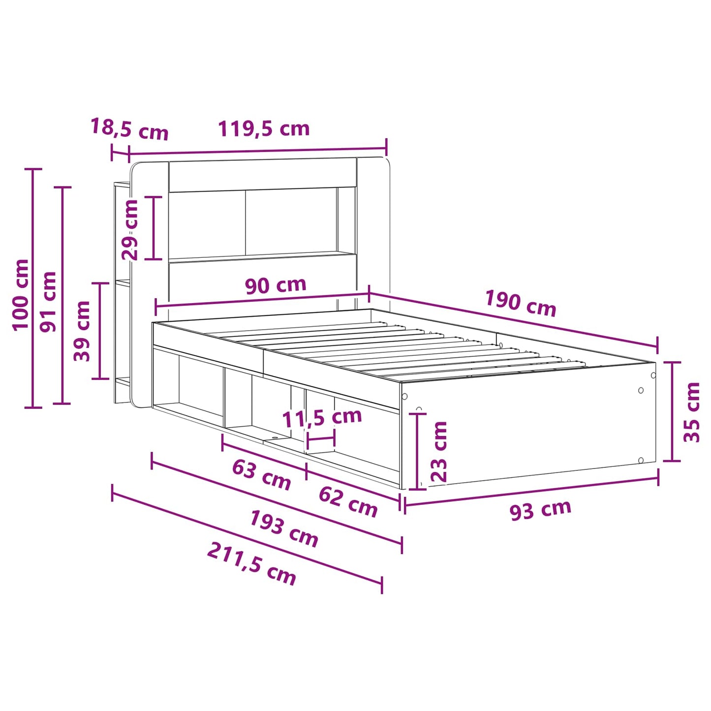 vidaXL Σκελετός κρεβατιού με αποθήκευση Artisan Δρυς 90 x 190 cm