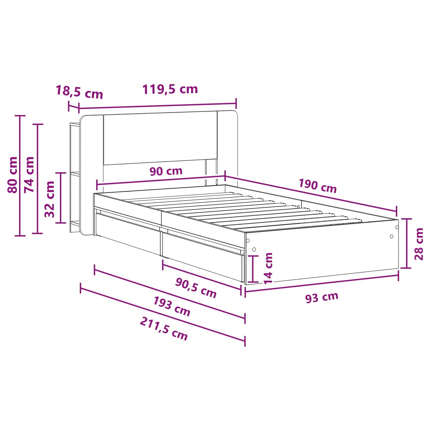 vidaXL Σκελετός κρεβατιού με αποθήκευση Γκρι Sonoma 90 x 190 cm