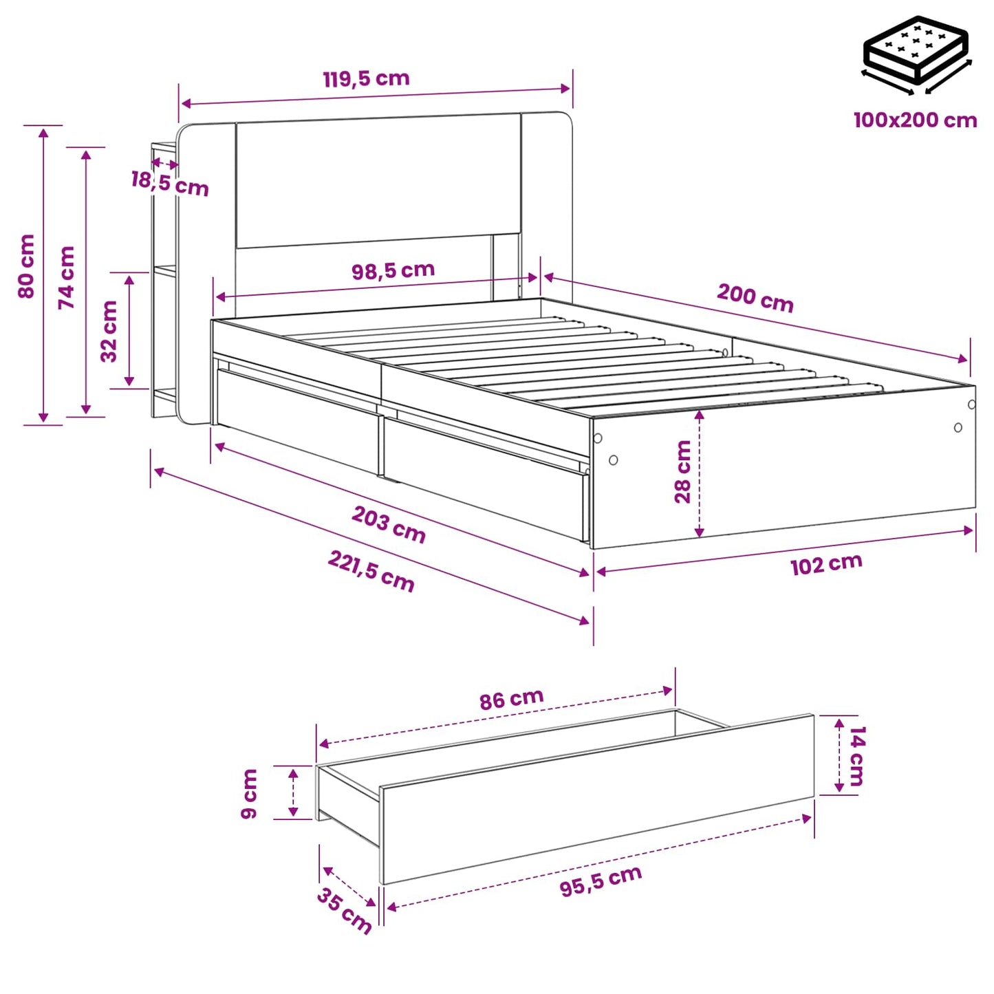 vidaXL Σκελετός κρεβατιού με αποθήκευση Γκρι Sonoma 100 x 200 cm