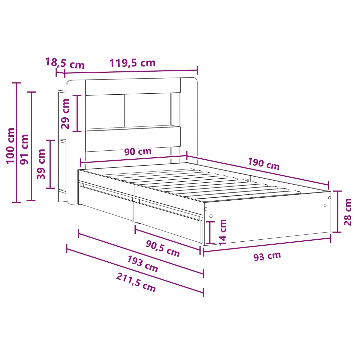 vidaXL Σκελετός κρεβατιού με αποθήκευση Γκρι Sonoma 90 x 190 cm