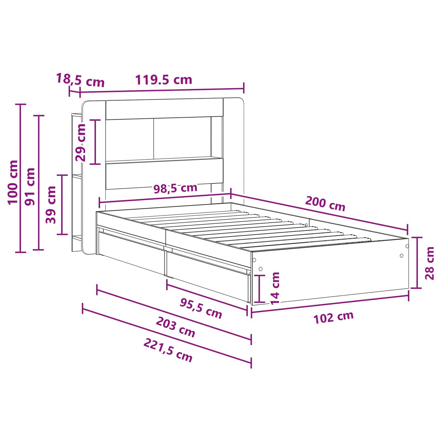 vidaXL Σκελετός κρεβατιού με αποθήκευση Γκρι Sonoma 100 x 200 cm