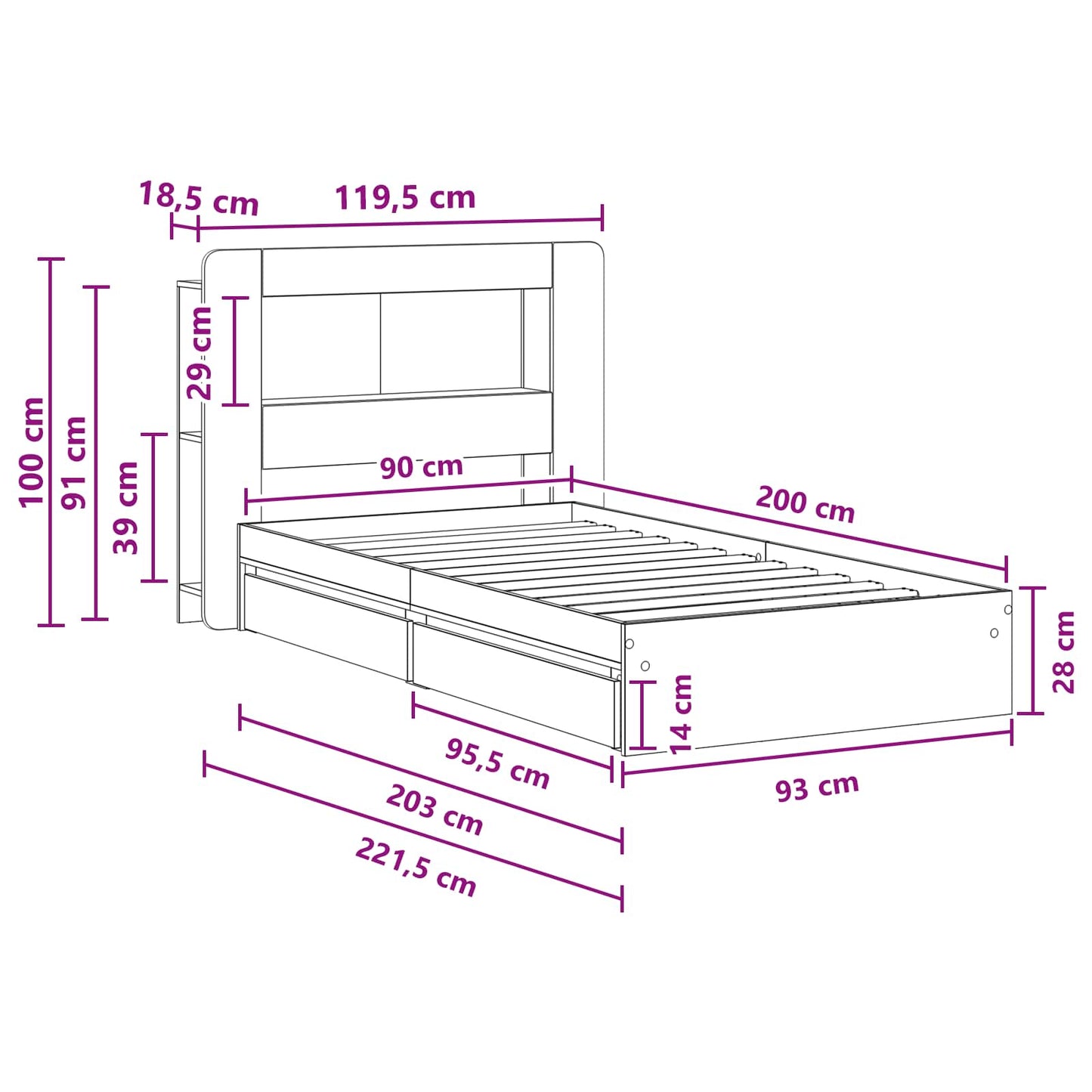 vidaXL Σκελετός κρεβατιού με αποθήκευση Γκρι Sonoma 90 x 200 cm
