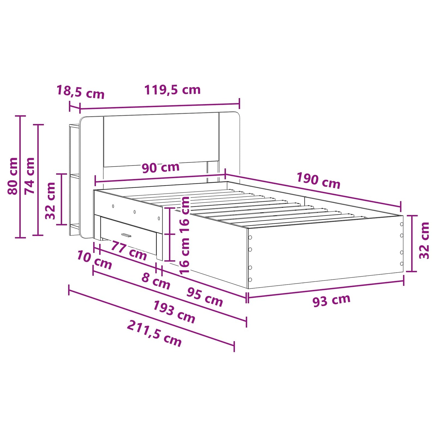 vidaXL Σκελετός κρεβατιού με αποθήκευση Γκρι Sonoma 90 x 190 cm
