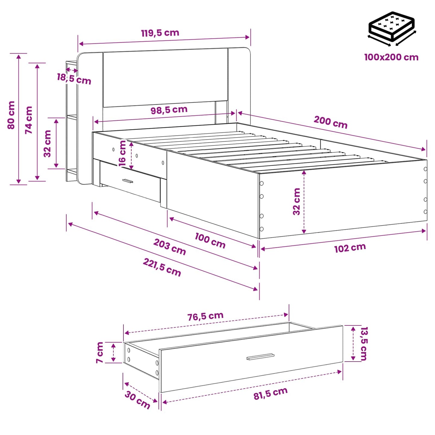 vidaXL Σκελετός κρεβατιού με αποθήκευση Sonoma Δρυς 100 x 200 cm
