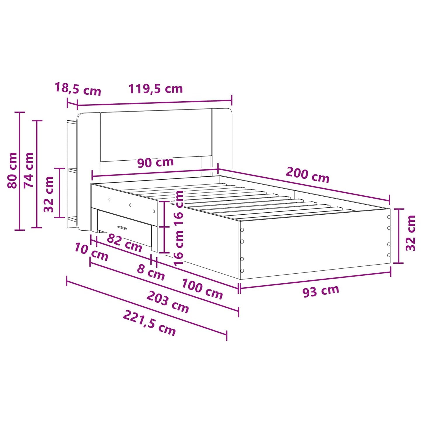 vidaXL Σκελετός κρεβατιού με αποθήκευση Γκρι Sonoma 90 x 200 cm