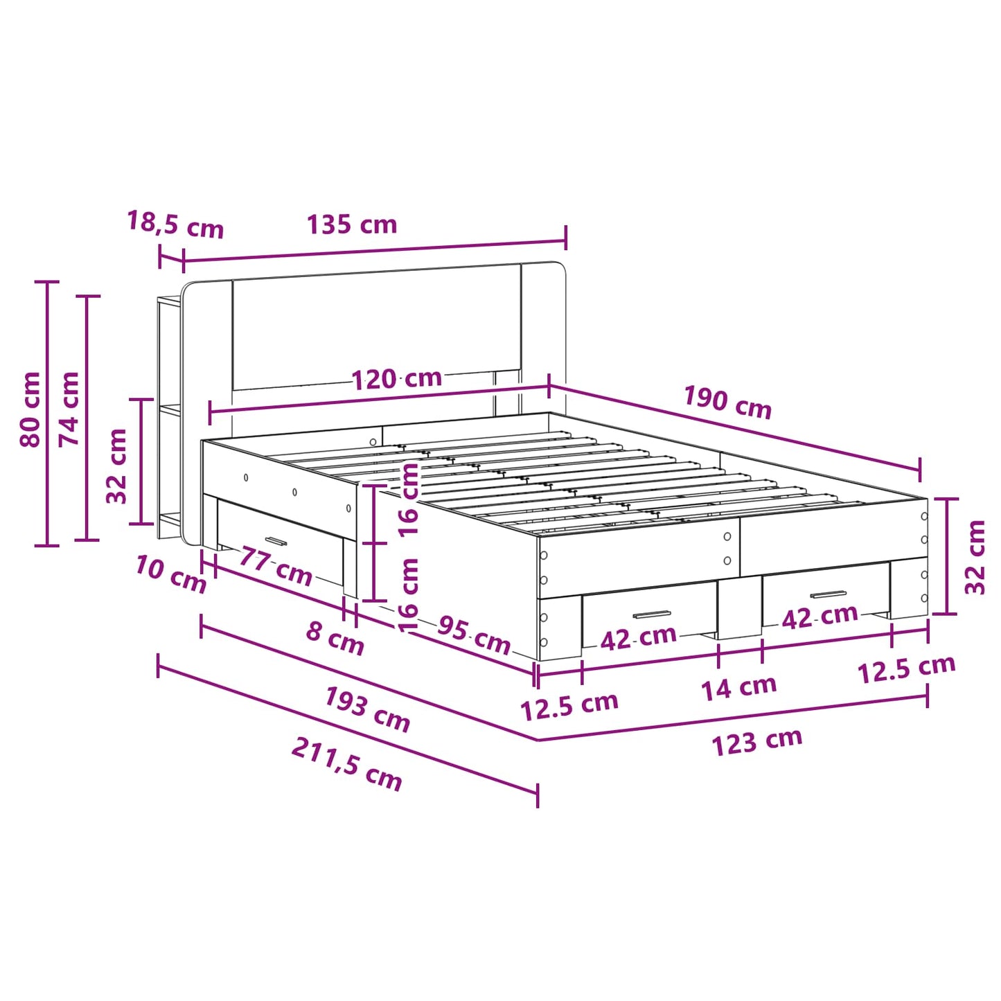 vidaXL Σκελετός κρεβατιού με αποθήκευση Γκρι Sonoma 120 x 190 cm