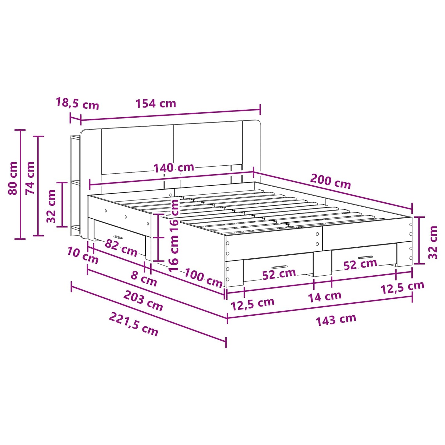 vidaXL Σκελετός κρεβατιού με αποθήκευση Γκρι Sonoma 140 x 200 cm