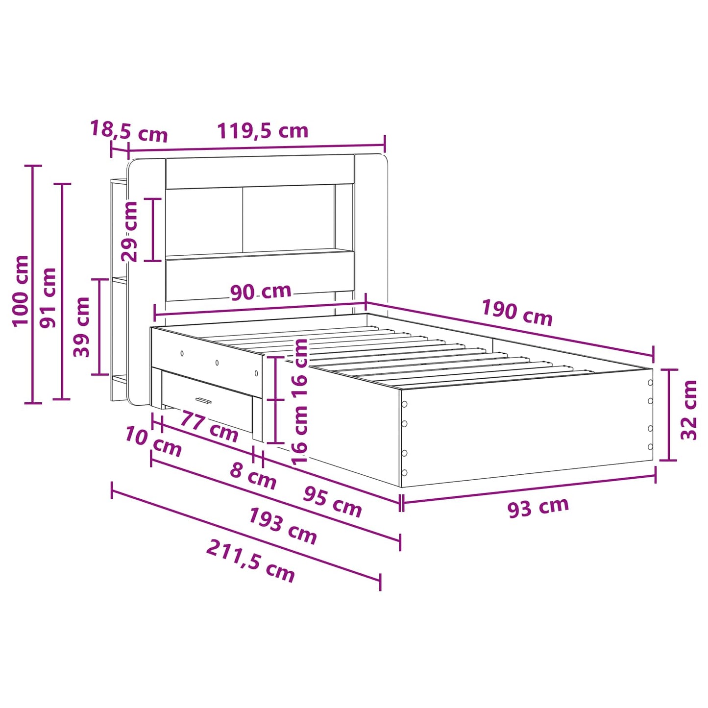 vidaXL Σκελετός κρεβατιού με αποθήκευση Γκρι Sonoma 90 x 190 cm