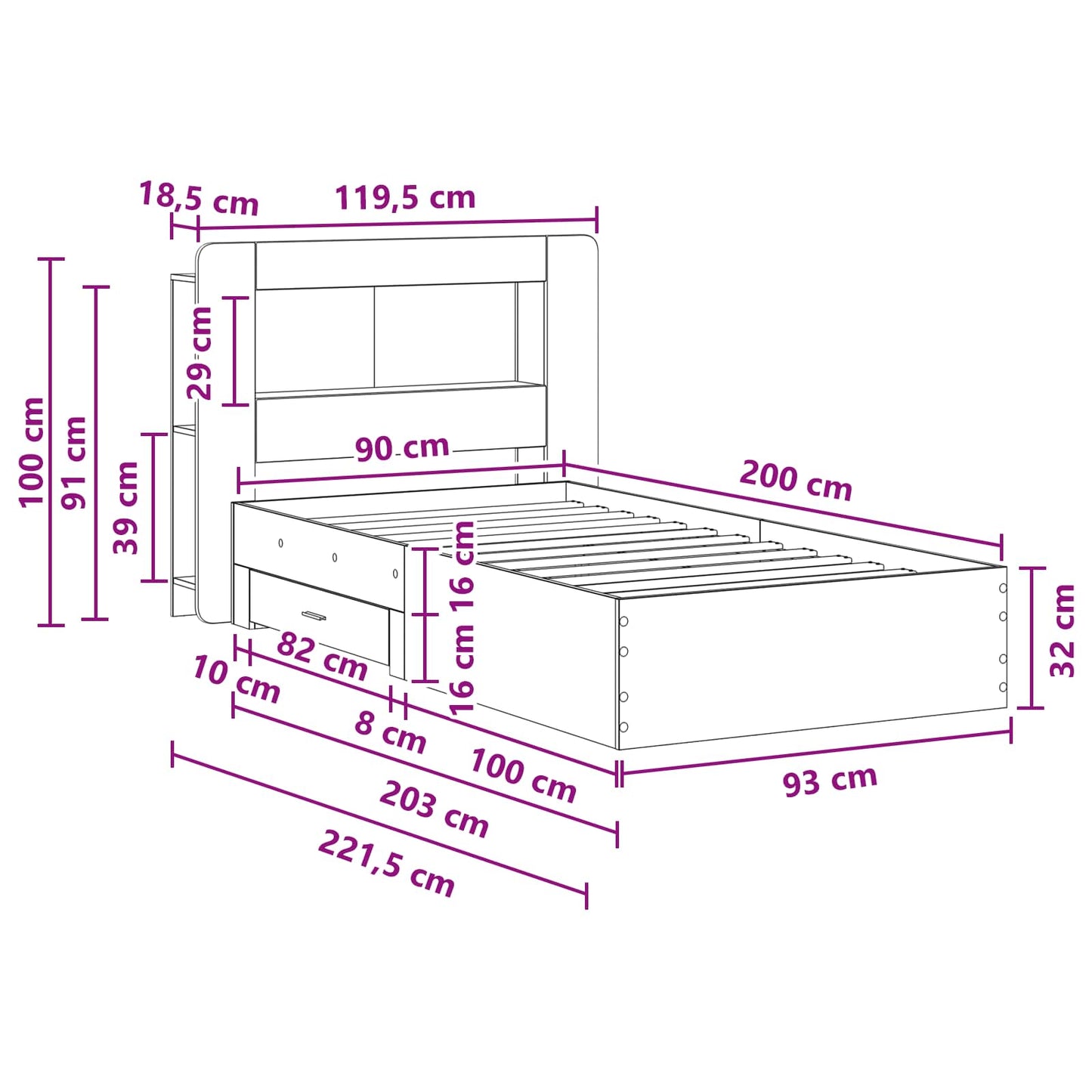 vidaXL Σκελετός κρεβατιού με αποθήκευση Γκρι Sonoma 90 x 200 cm