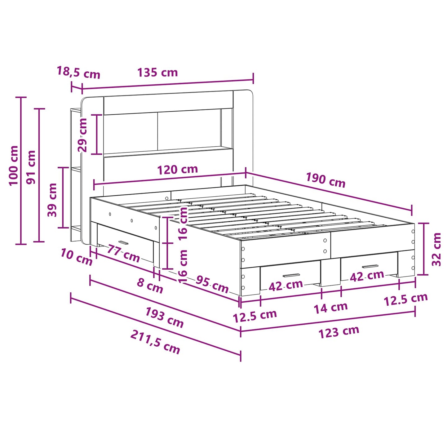 vidaXL Σκελετός κρεβατιού με αποθήκευση Γκρι Sonoma 120 x 190 cm