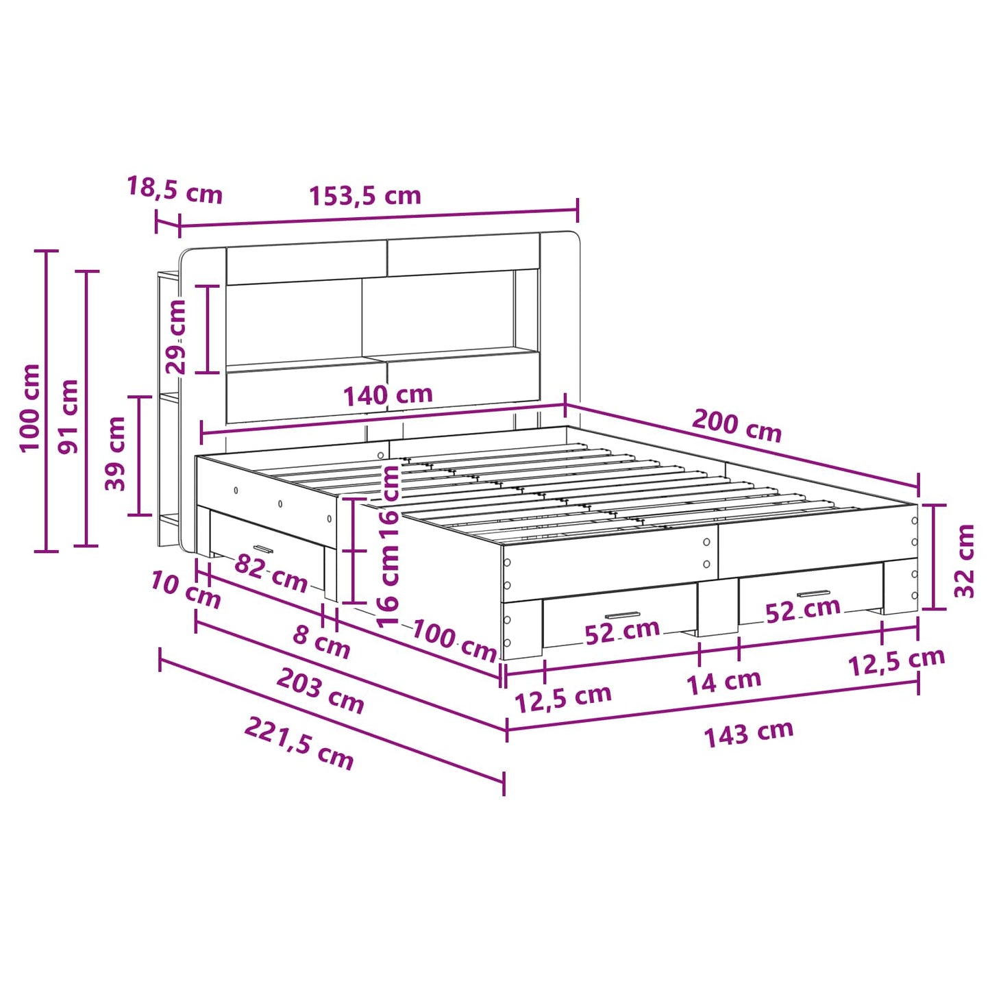 vidaXL Σκελετός κρεβατιού με αποθήκευση Γκρι Sonoma 140 x 200 cm